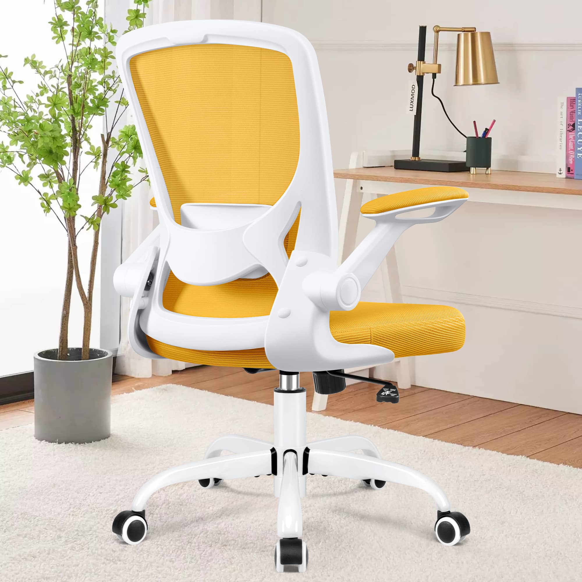 KERDOM - Colorful Office Chair, Ergonomic Mesh Chair with Lumbar Support, Swivel Desk Chair with Flip-up Arms, Height Adjustable - Yellow