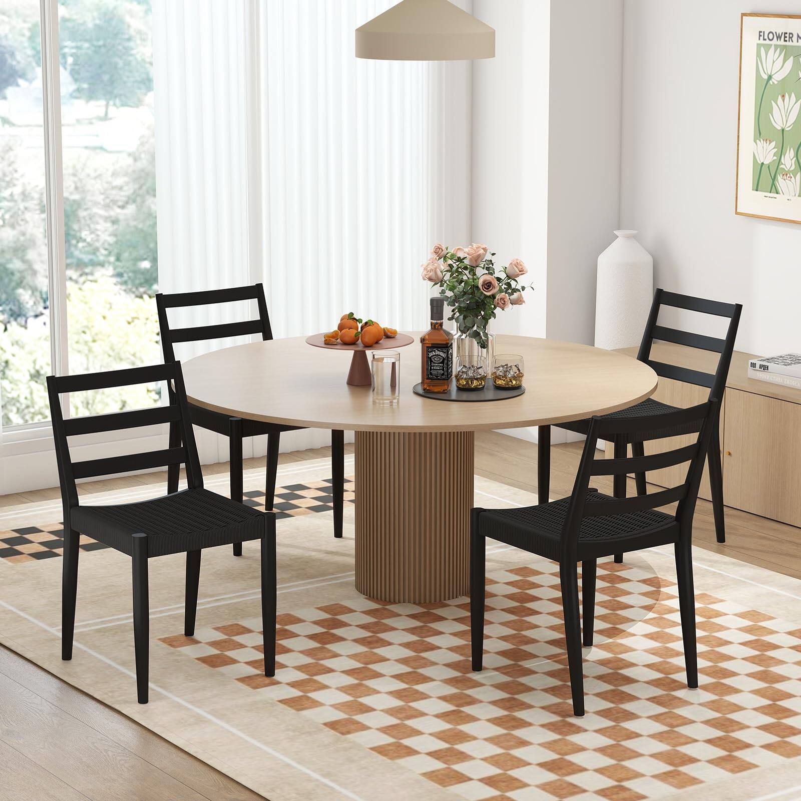 Alt View 2. Bestier - Dining Chairs with Curved Wooden Backrest, Woven Rope Seat and Solid Wood Tapered Legs - black.