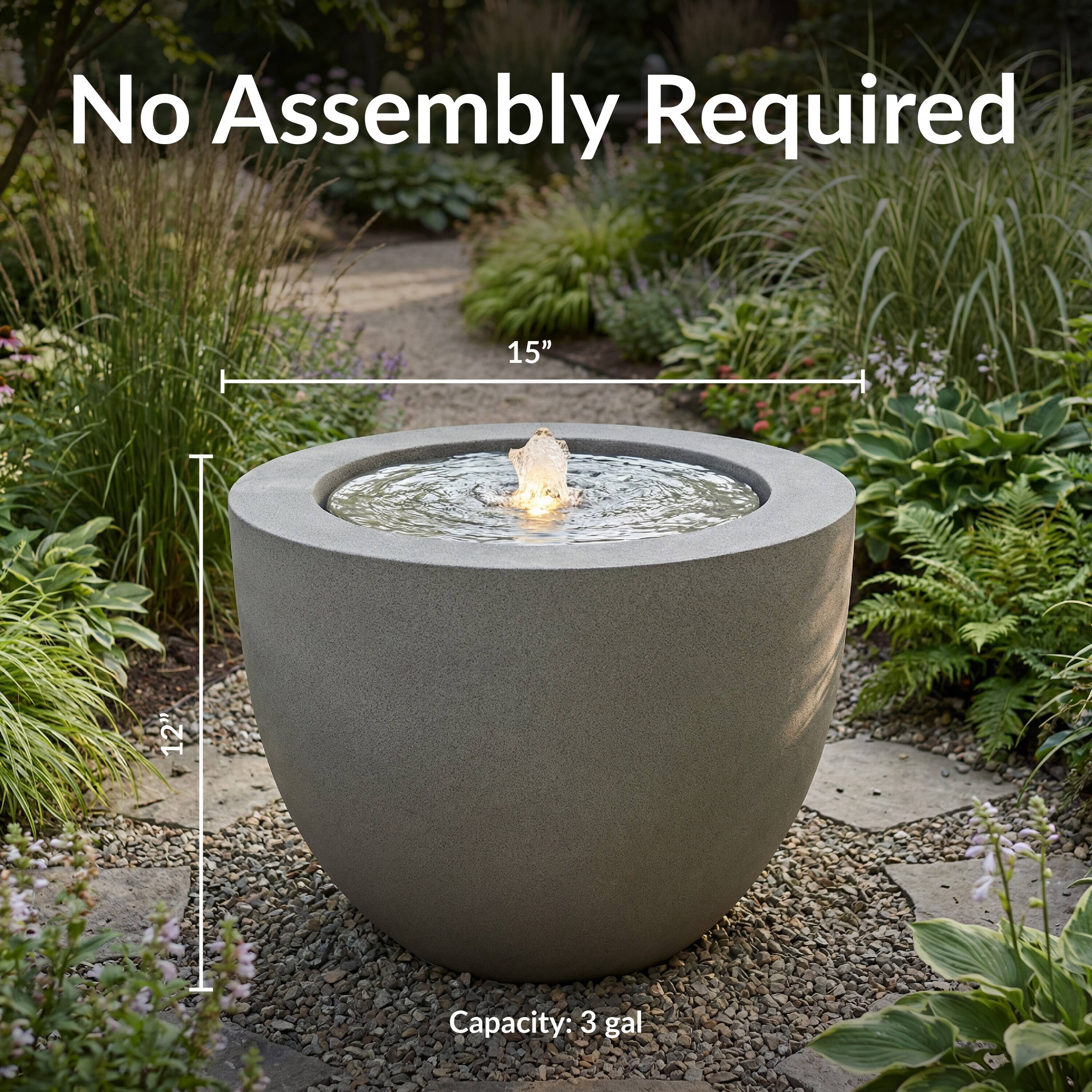 No Assembly Required  
15"  
Capacity: 3 gal