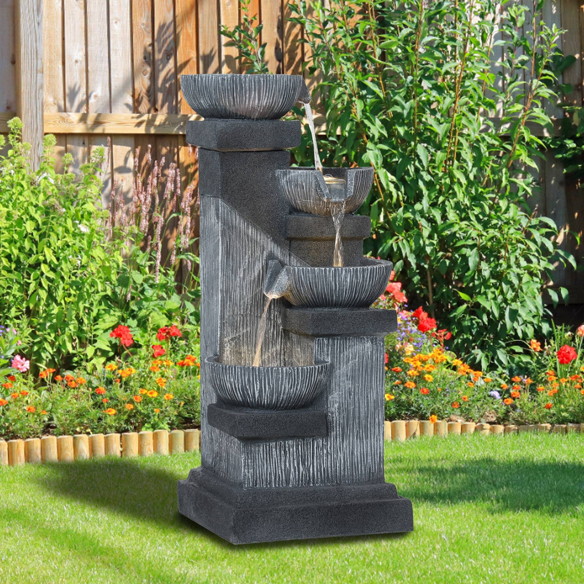 Alt View 8. Outsunny - 33.5" Tall Outdoor Water Fountain, 4-Tier Floor Standing Resin Cascading Bowls Waterfall Fountain with LED Lights - Gray.