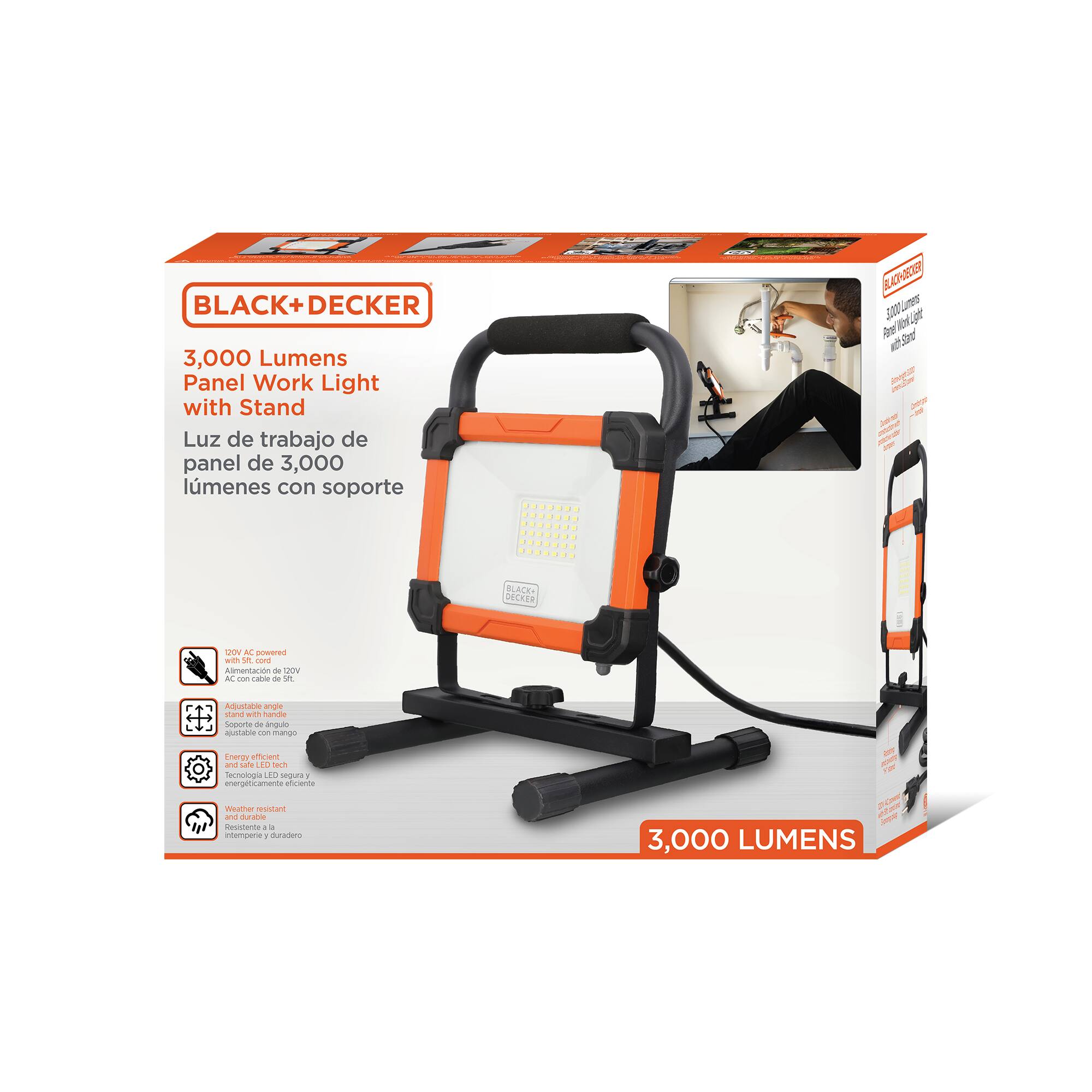 BLACK+ DECKER 3,000 Lumens Panel Work Light with Stand  
Luz de trabajo de panel de 3,000 lmenes con soporte

120V AC powered with St. cord  
Alimentación de DOV AC con cable de St.

Adjustable angle stand with handle  
Soporte de angulo ajustable com mango

Energy efficient and safe LED tech  
Tecnología LED segura : energeticamente efficiente

Weather resistant and durable  
Resistente 2 intemperie duradero

STAR 3,000 LUMENS