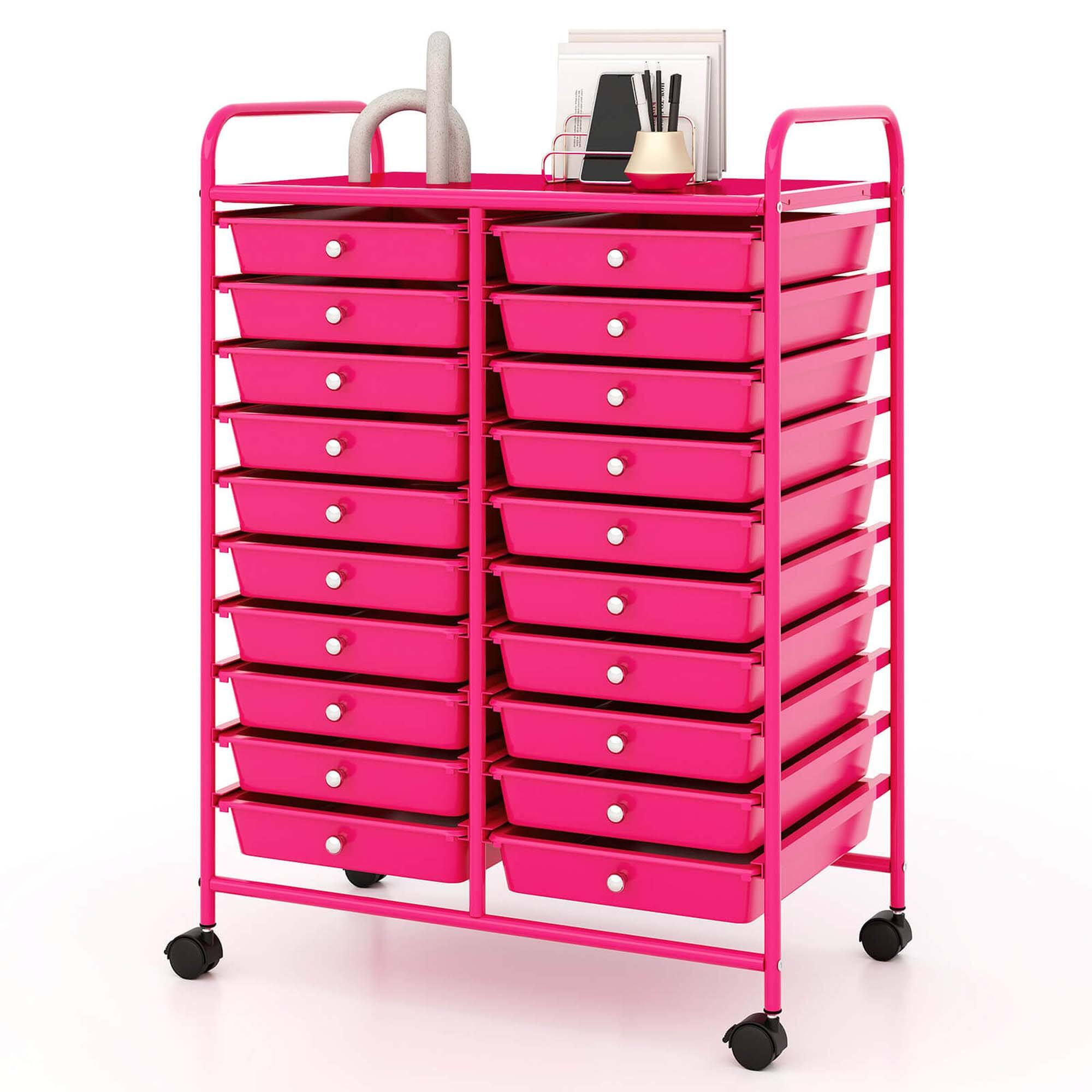 Costway - 20 Drawers Rolling Storage Cart Art Craft Organizer on Wheels Multipurpose - Hot Pink