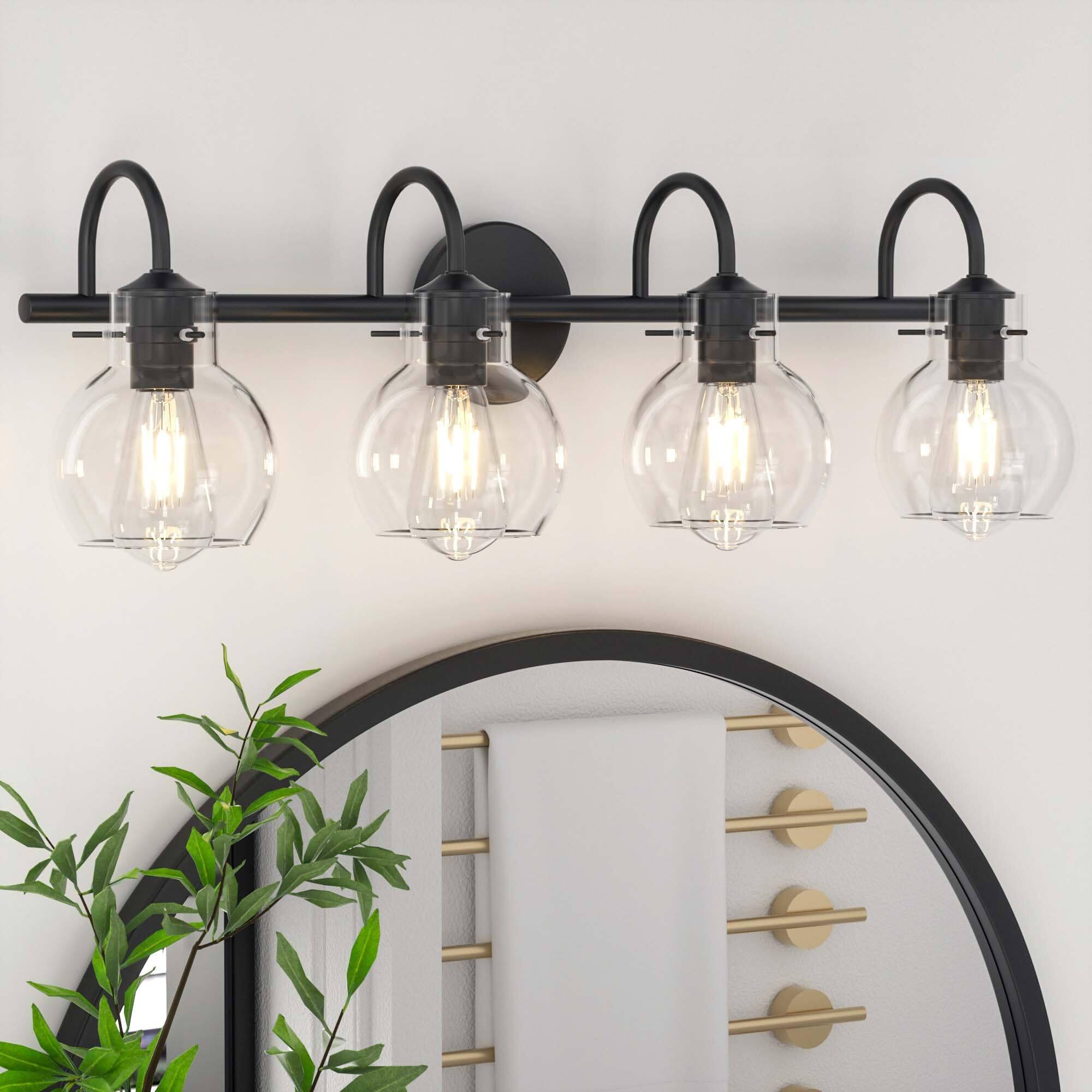 Front. PAIHOME - Bathroom Vanity Lighting Fixtures, 24" Modern Vanity Lights Over Mirror with Globe Glass Shade E26 Base Wall Sconce - Black.