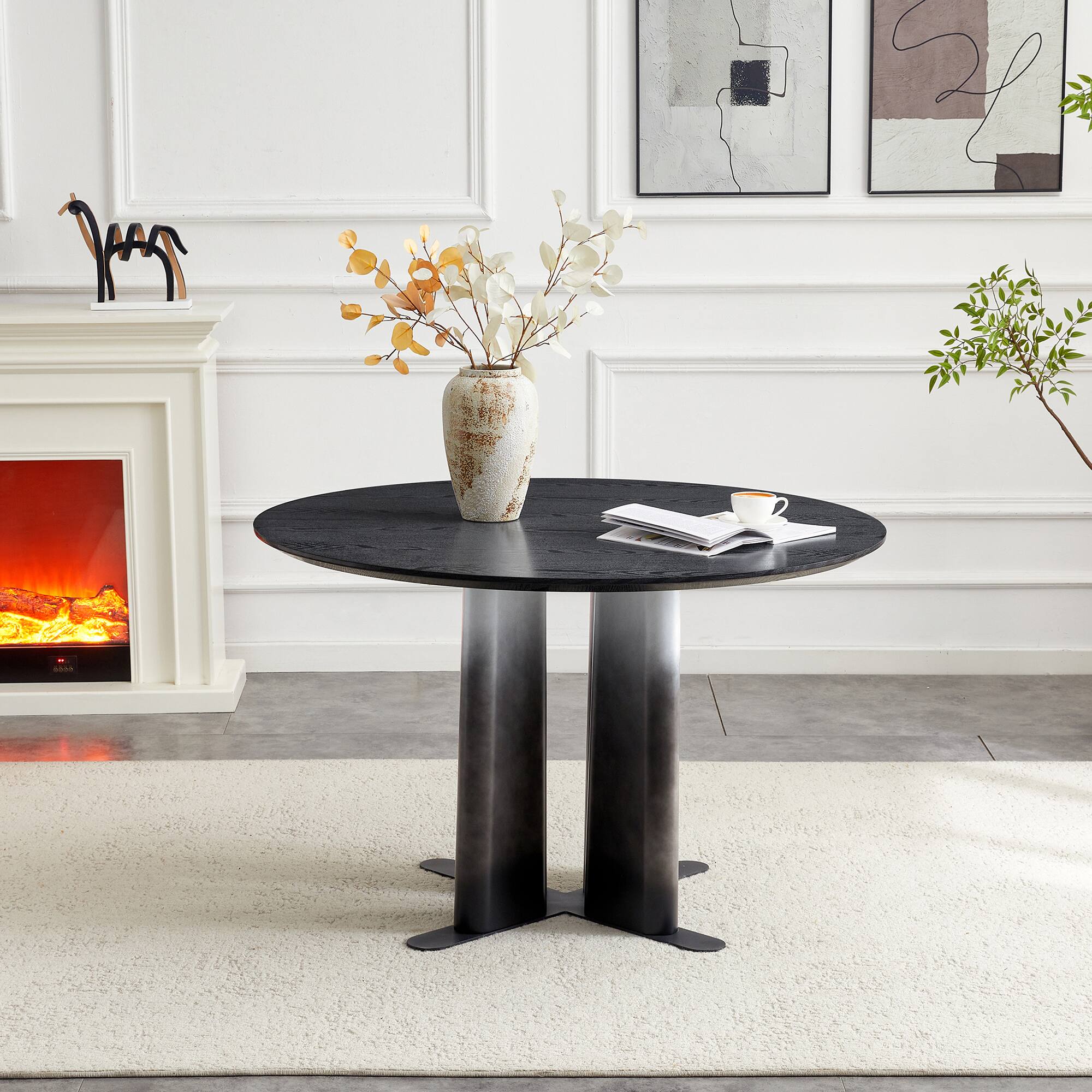 Alt View 5. Loheer - Loheer- 3.94 Ft Round Black Wood Grain MDF Dining Table with Cross Base Modern Kitchen Table for Small Spaces - Black.