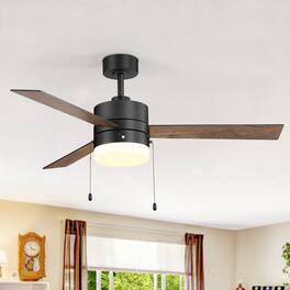 Breezary - 52" Indoor Large Ceiling Fan with Led Light and Pull Chain, 3 Reversible Blades, 3-Speed AC Motor, 6" Downrod - Matte Black