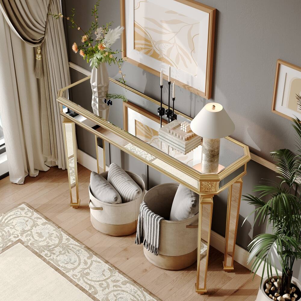 Left. Loheer - Loheer Gold Mirrored Console Table, Vintage Wood Carved Entryway Table, 48 Inch Living Room Console - Gold.