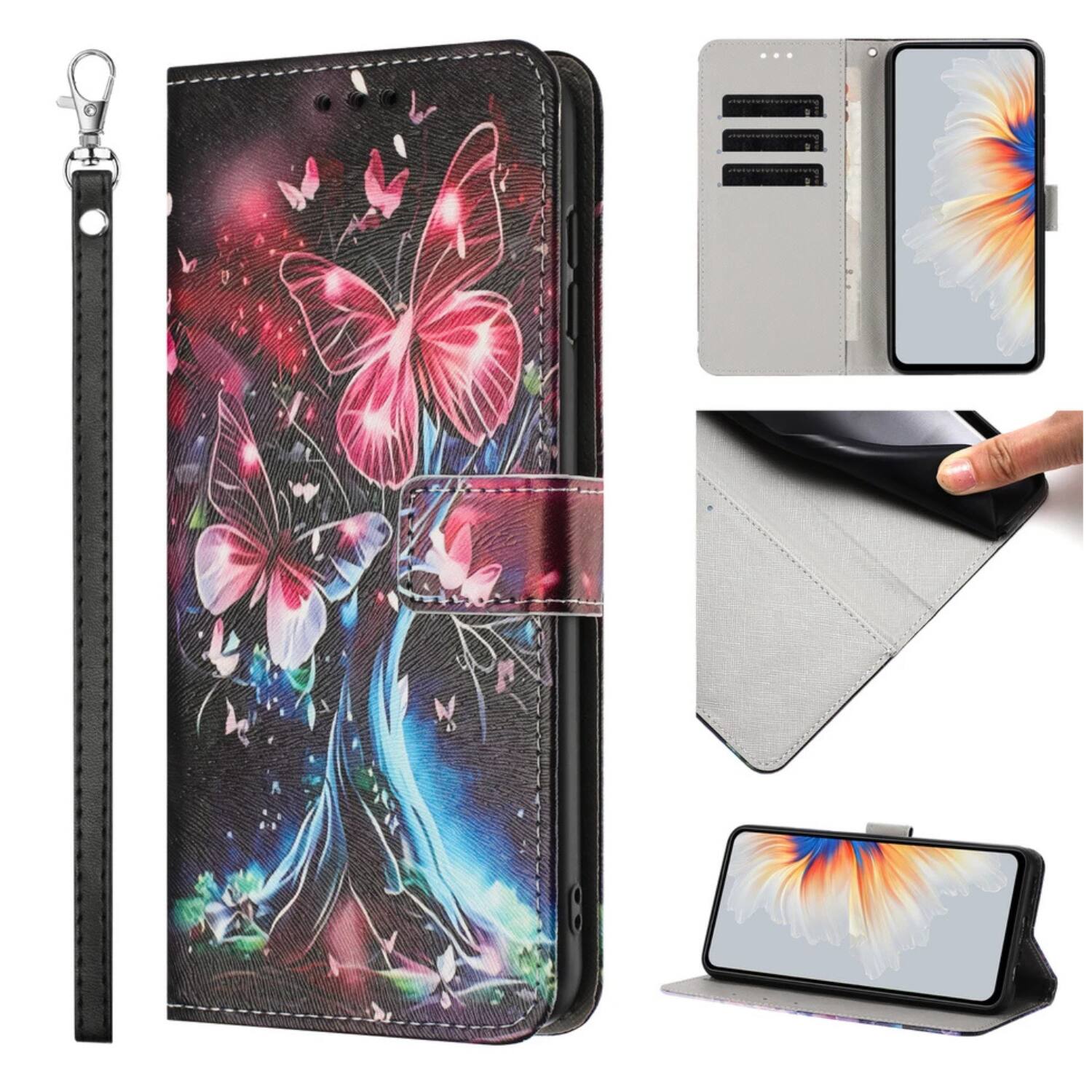 Angle. Stock Preferred - Butterfly Tree Pattern Flip Wallet Case with Card Holder for iPhone 16 Pro Max - Butterfly Tree.