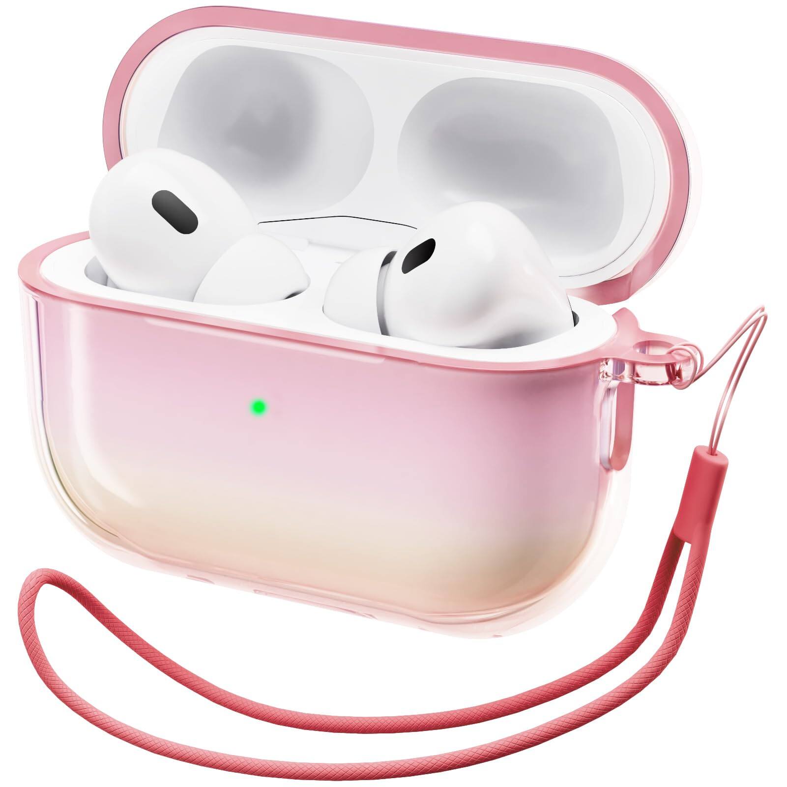 Front. Ornarto - ORNARTO for AirPods Pro 2nd Case(2023/2022),Gradient Clear TPU,Full Drop Protection Cover with Lanyard-Aurora Pink - Aurora Pink.