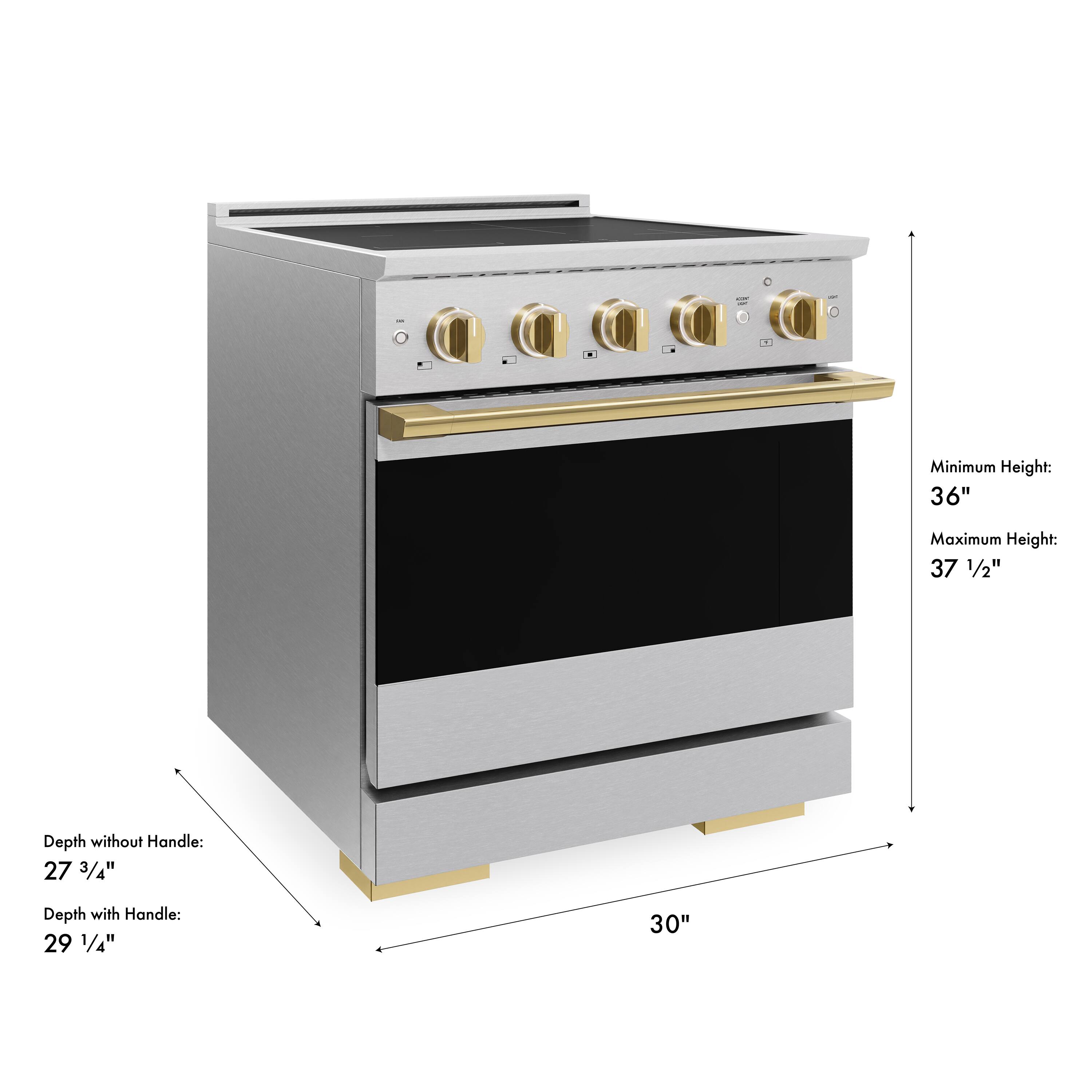 - Minimum Height: 36"
- Maximum Height: 37 1/2"
- Depth without Handle: 27 3/4"
- Depth with Handle: 29 1/4"
- Width: 30"