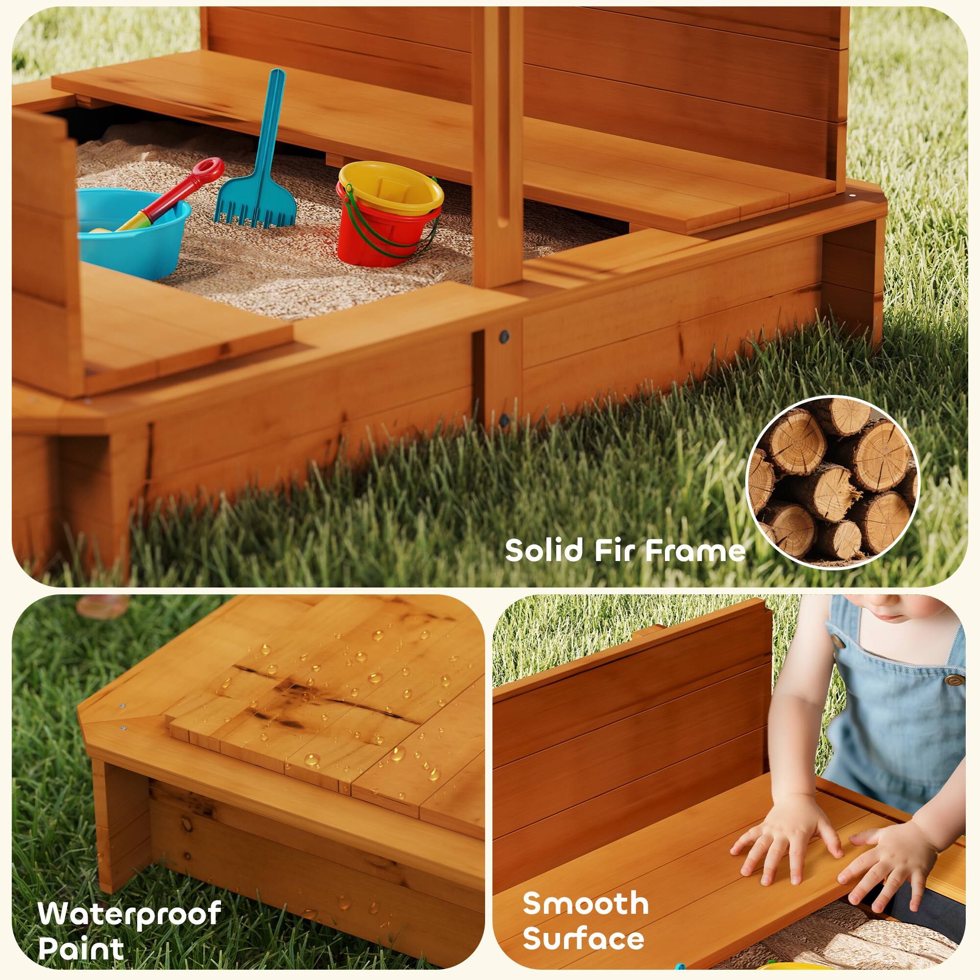 Alt View 5. Outsunny - Wooden Sandbox with Lid, Kids Sandbox with Canopy Outdoor, Sand Box with Foldable Bench Seats and Sand Protection.