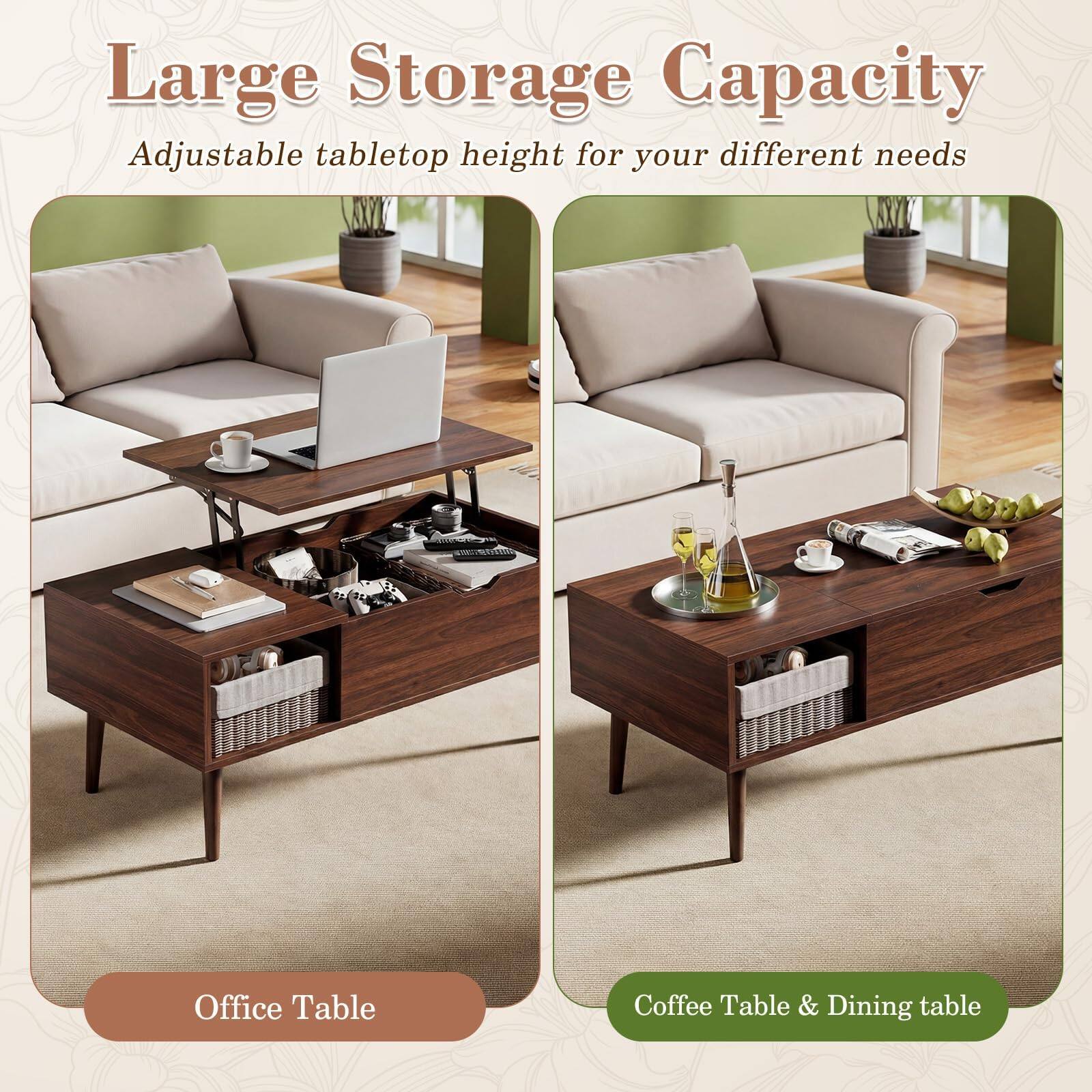 Large Storage Capacity  
Adjustable tabletop height for your different needs  
Office Table  
Coffee Table & Dining table