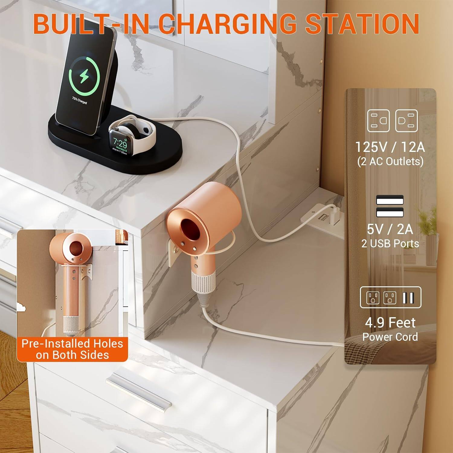 BUILT-IN CHARGING STATION

- 125V / 12A (2 AC Outlets)
- 5V / 2A (2 USB Ports)
- 4.9 Feet Power Cord
- Pre-Installed Holes on Both Sides