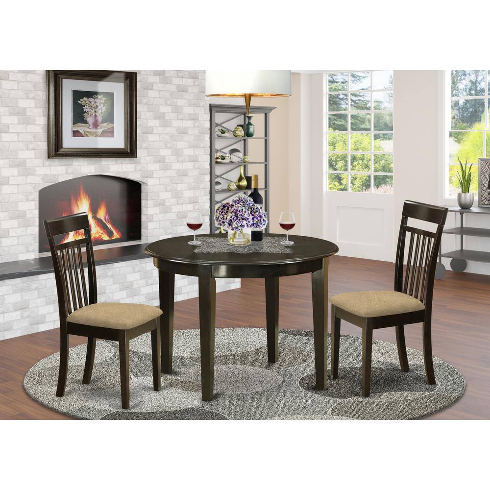 Left. East West Furniture - BOCA3-CAP-C 3 PC Kitchen nook Dining set-round Table and 2 Dining Chairs - Cappuccino.