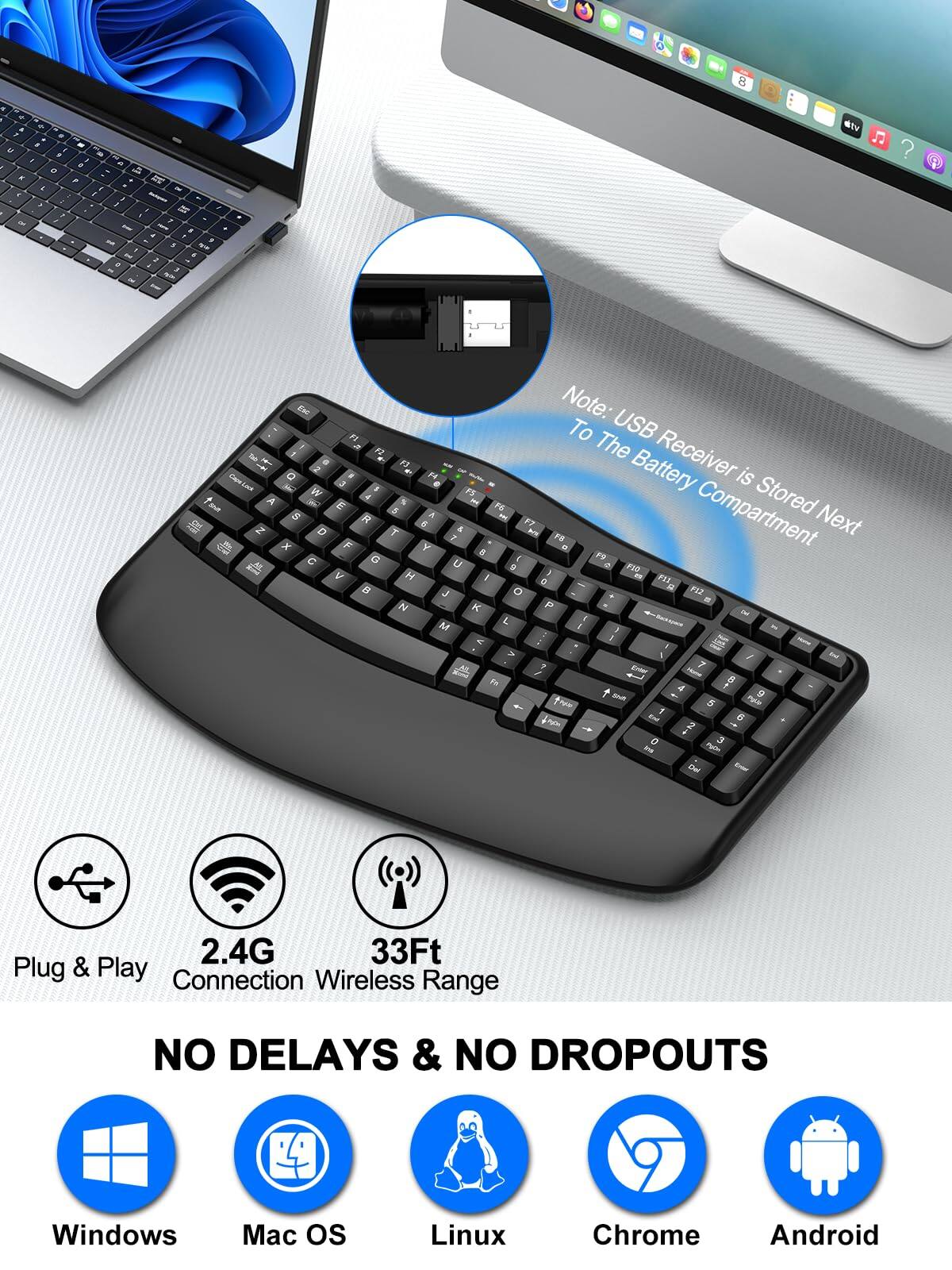 HESVAP Ergonomic Wireless Keyboard with Wrist Rest, Wave Keys, Full ...