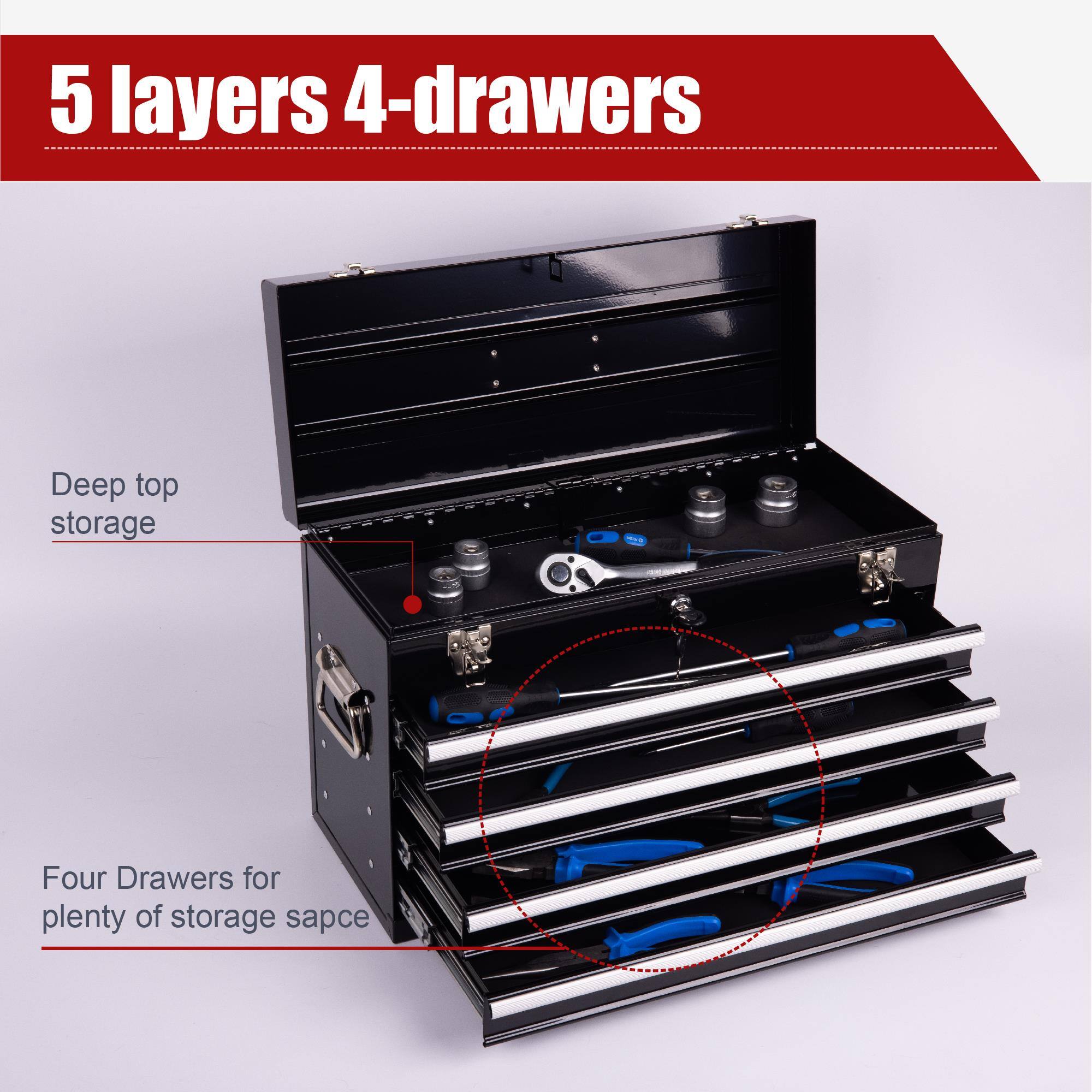 5 layers 4-drawers  
Deep top storage  
Four Drawers for plenty of storage space