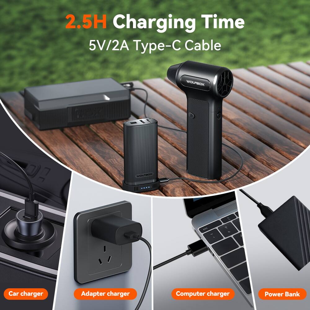 2.5H Charging Time  
5V/2A Type-C Cable  

Car charger  
Adapter charger  
Computer charger  
Power Bank