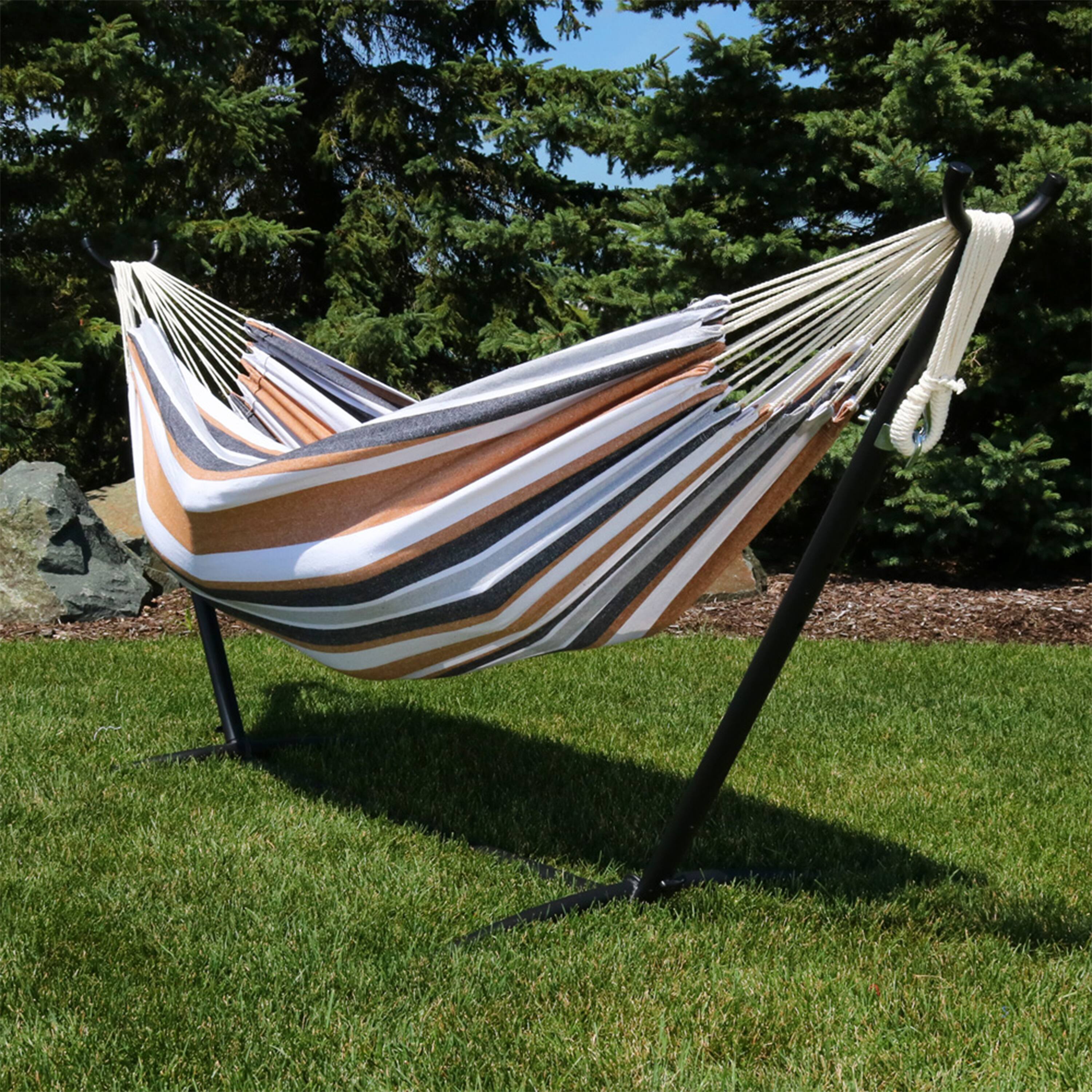 Alt View 4. Sunnydaze - Large Cotton Hammock with Steel Stand and Carrying Case - Calming Desert.
