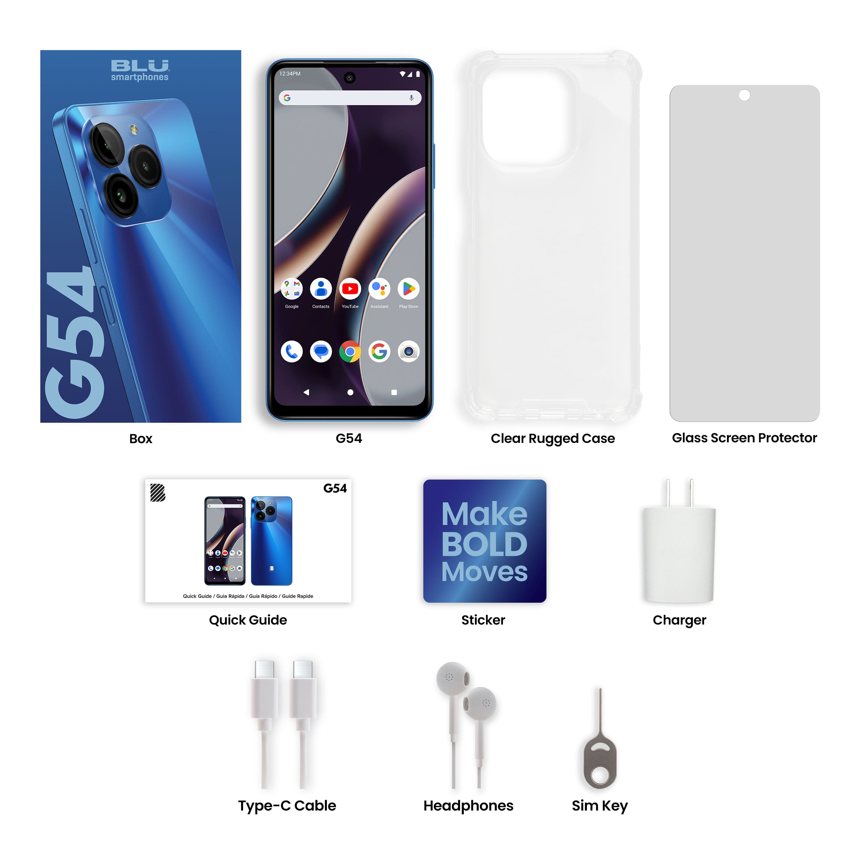 BLU smartphones 1758 G54 Box - - - G54 G54 - . - I - - - - I - - - Clear Rugged Case Make BOLD Moves Glass Screen Protector Quick Guide Sticker Charger T- Cable Headphones Sim Key