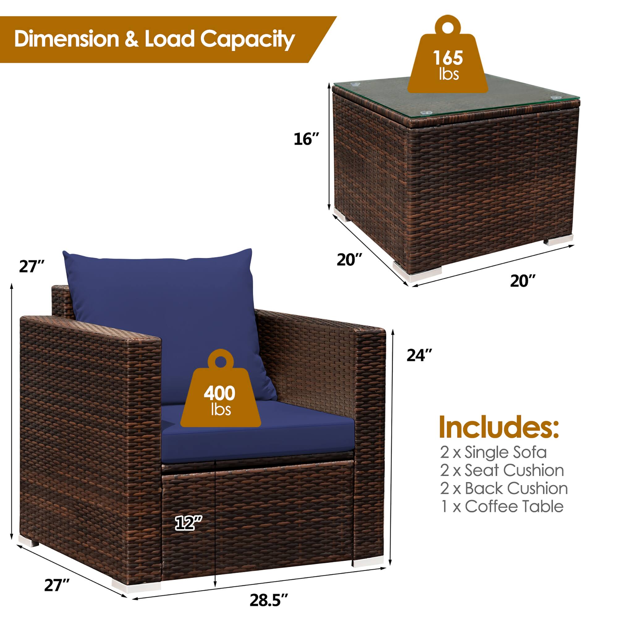 Dimension & Load Capacity  
165 lbs  
16" x 27" x 20" x 20" x 24"  
400 lbs  

Includes:  
2 x Single Sofa  
2 x Seat Cushion  
2 x Back Cushion  
1 x Coffee Table (27" x 28.5")