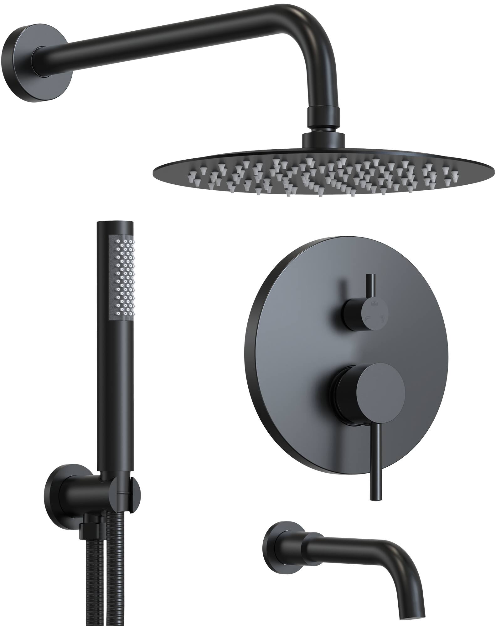GRANDJOY - 3‑in‑1 Shower Faucet System with 10" Rainfall Shower Head, Handheld Sprayer, and Tub Spout for Modern Bathroom - Matte Black