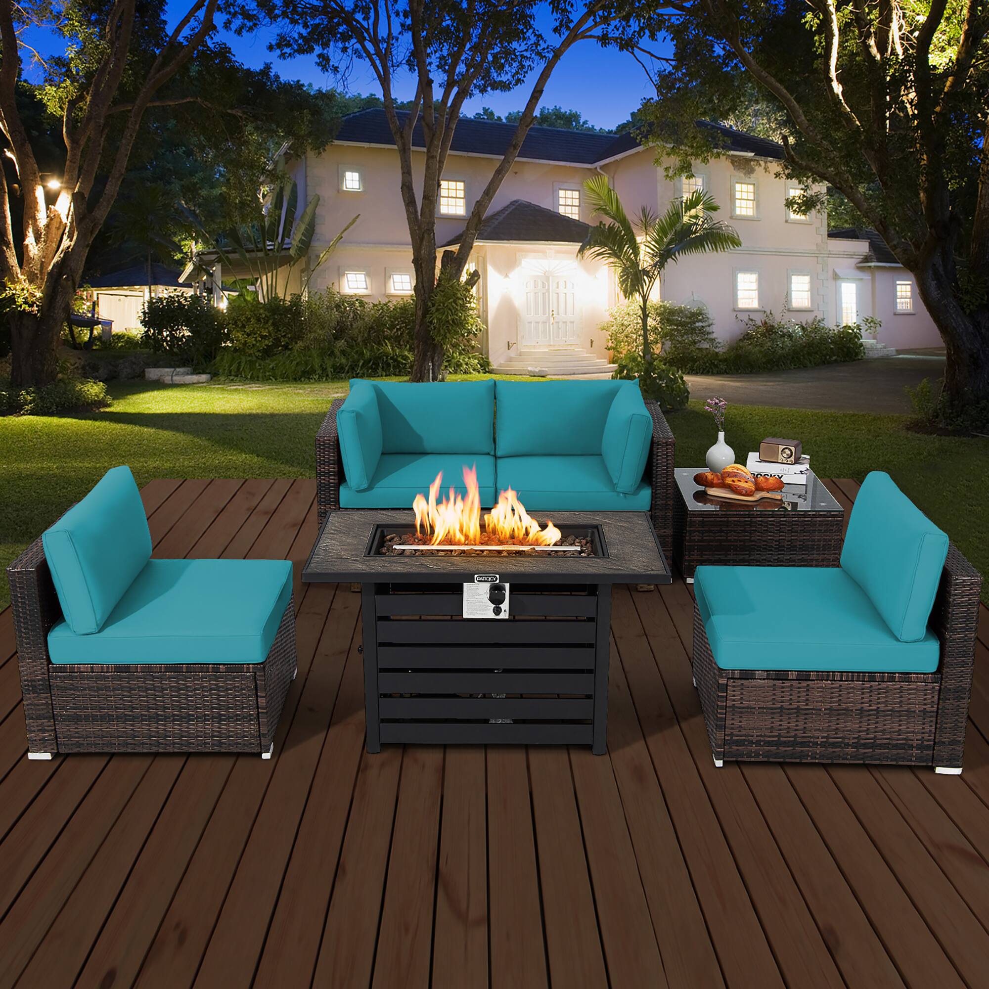Alt View 1. Costway - Costway 6PCS Patio Rattan Furniture Set 42" Fire Pit Table Cover Sofa Cushion - Mix Brown/Turquoise.