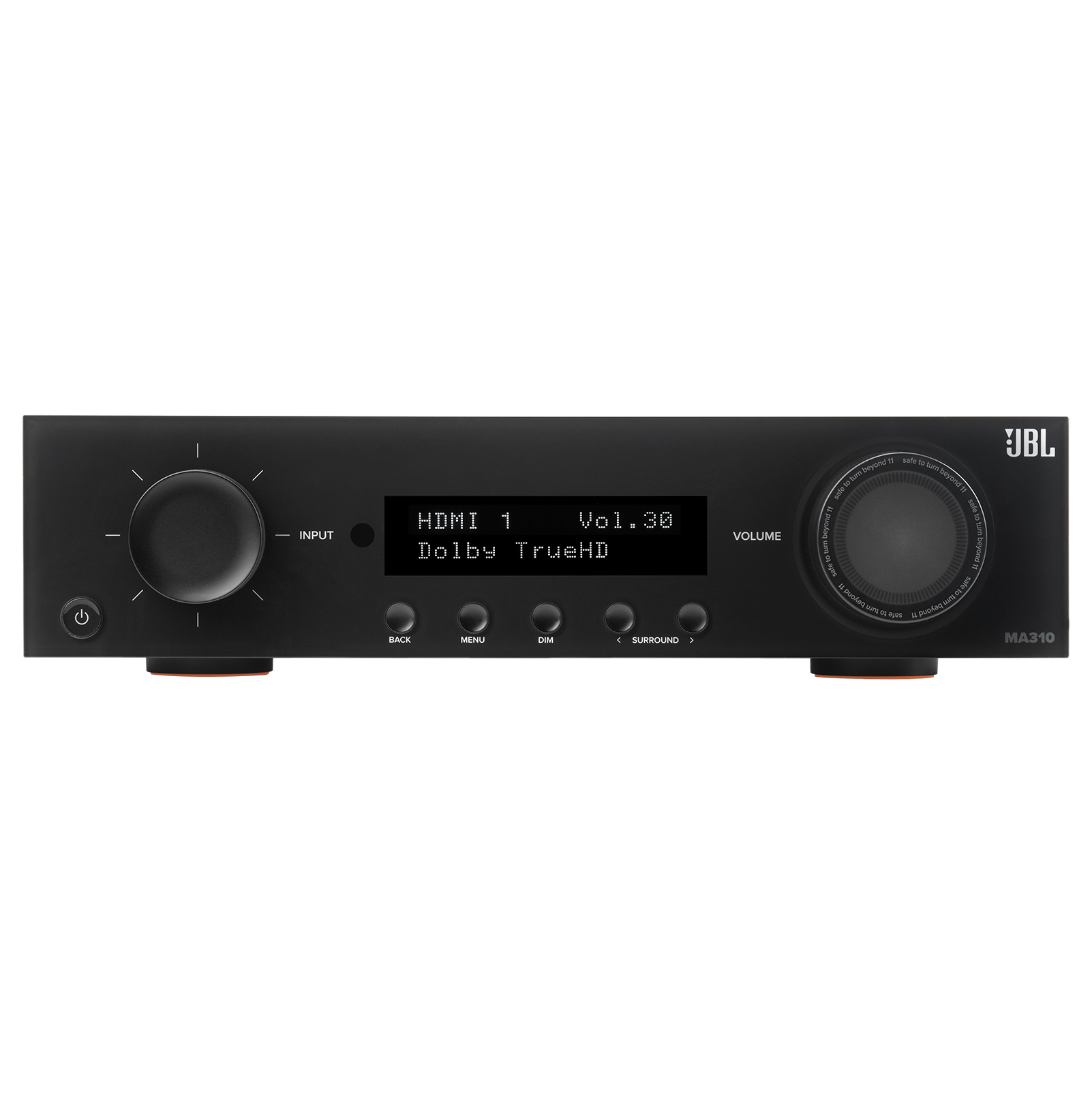 The text on the image reads: "INPUT HDMI 1 Vol:30 30 Dolby TrueHD BACE MENU DIM i SURROUND . VOLUME JBL - ipaste imbeygs A sae Meonde not-d I Bollagun - Rhostos hodcursant I - - Peoket -um - MA310."