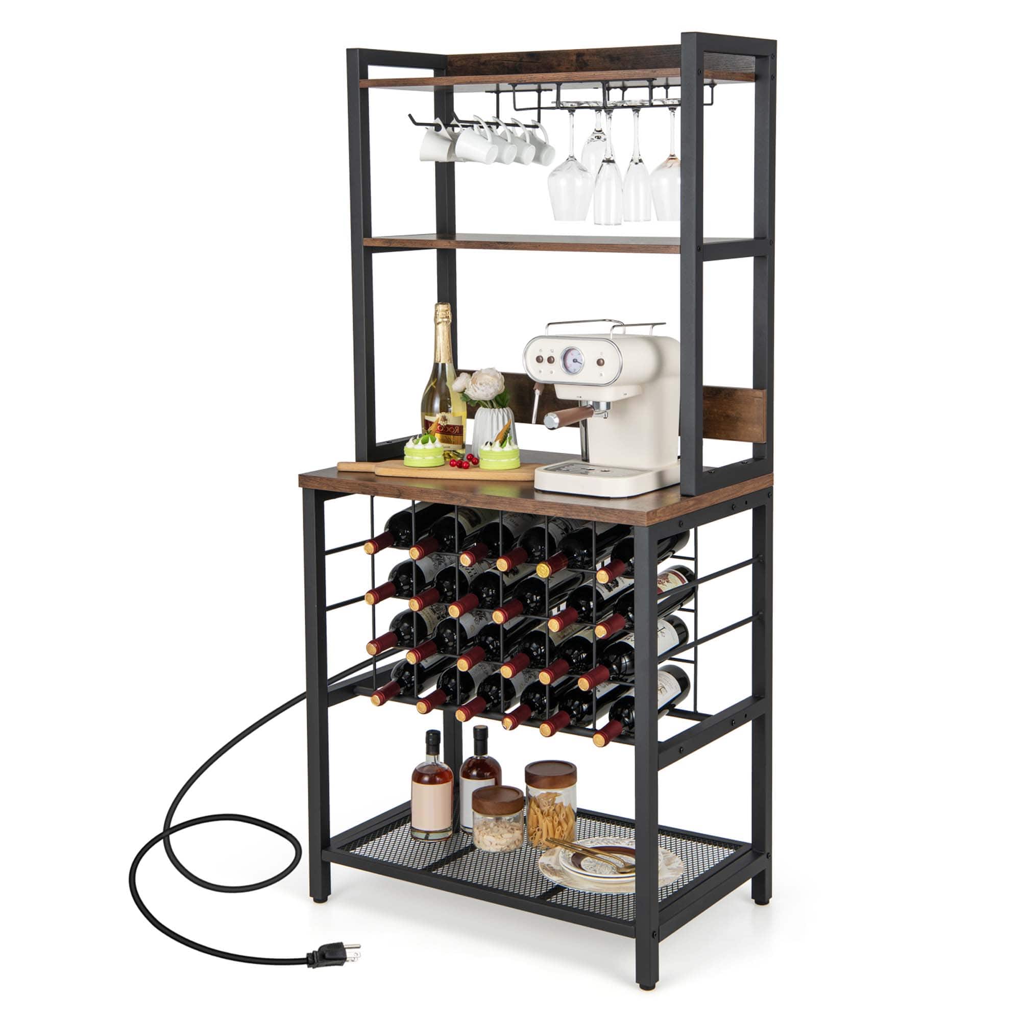Front. Costway - Costway Wine Bar Cabinet with 4 Tier Storage Shelves Glass Holders Bottle Racks Industrial - Brown,Black.