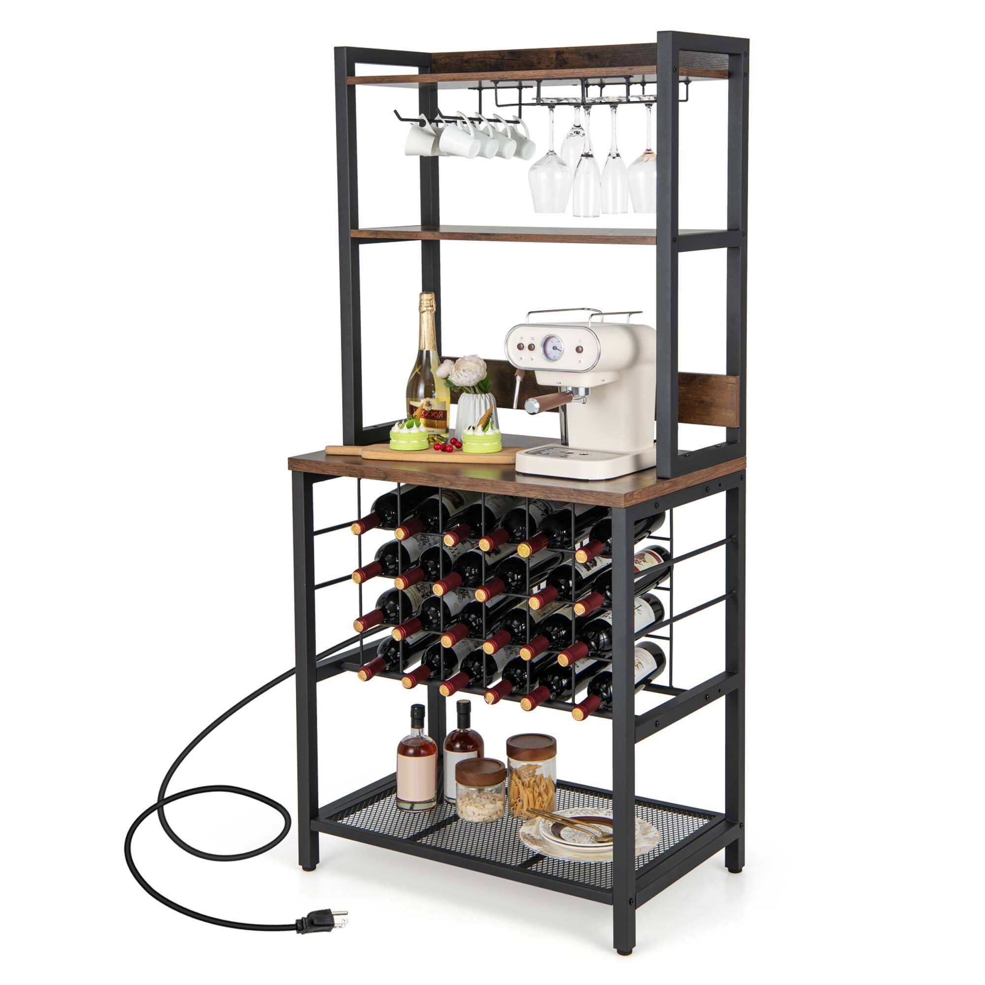 Front. Costway - Costway Wine Bar Cabinet with 4 Tier Storage Shelves Glass Holders Bottle Racks Industrial - Brown,Black.