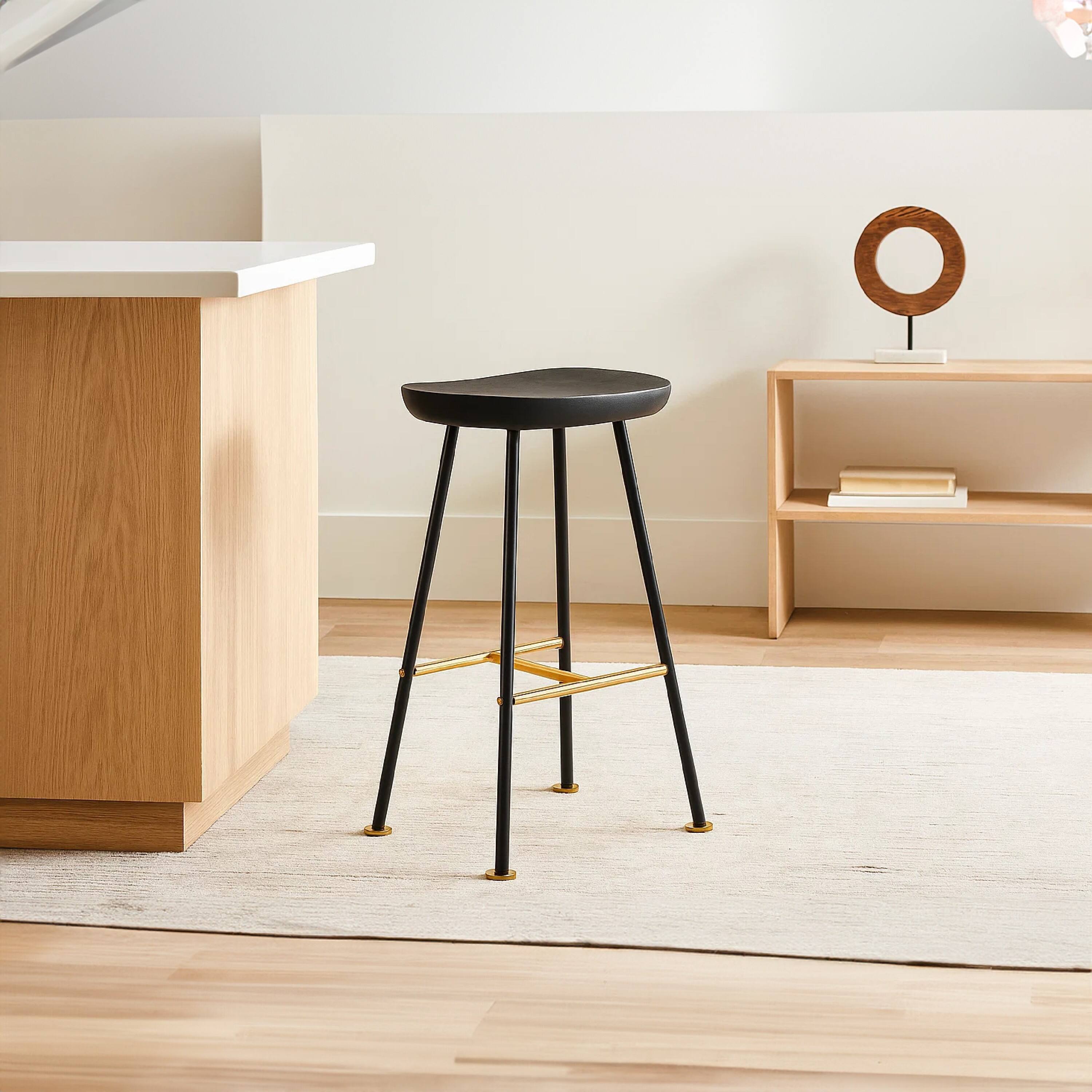 Alt View 10. Manhattan Lane - Elira 24" Backless Counter Stool with Mango Wood Saddle Seat | Black Iron Legs | Gold Footrest - Black, Gold.