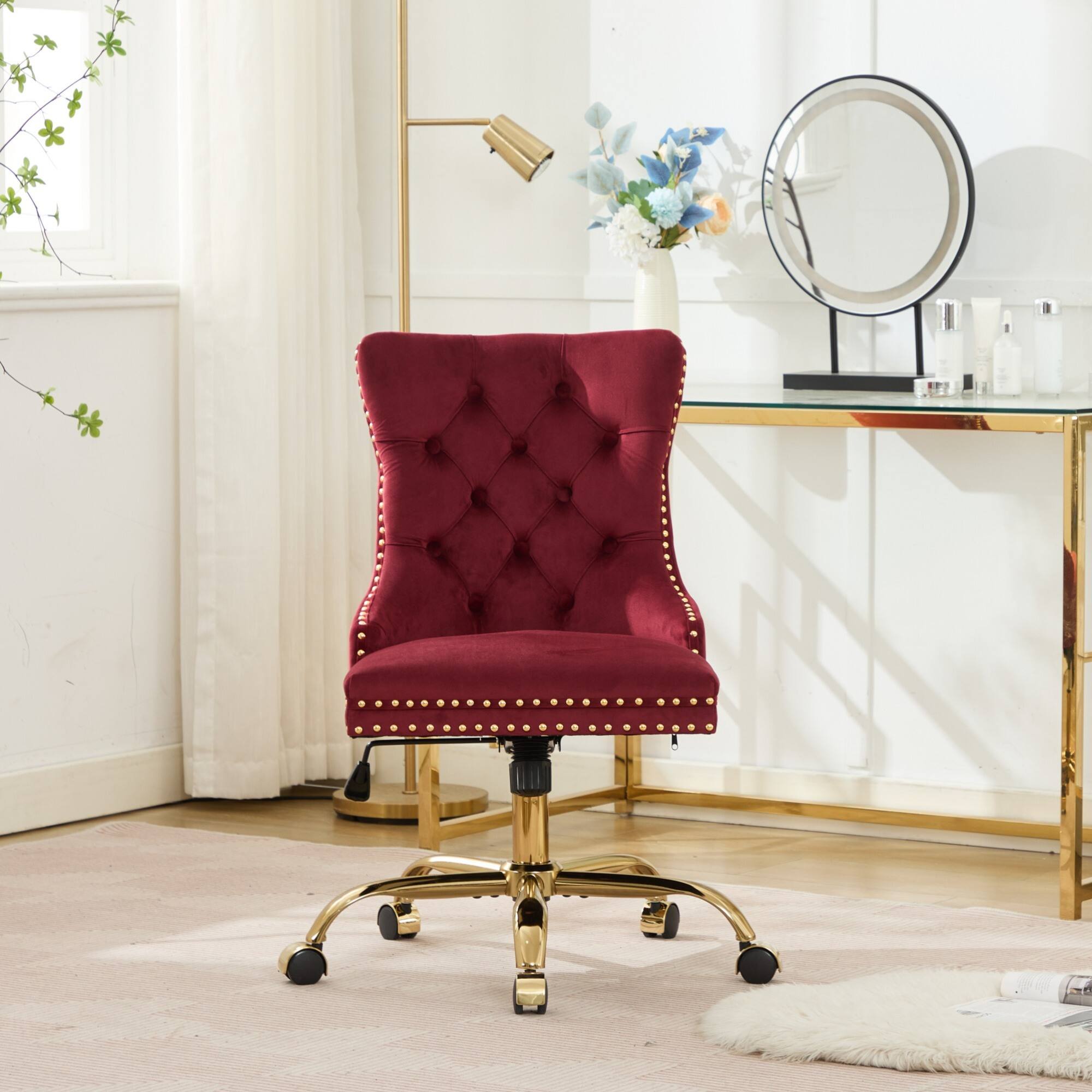 GOODSILO - Modern Velvet Upholstered Office Chair with Tufted Button Design and Golden Metal Base for Home Workspace - Thumbnail 3