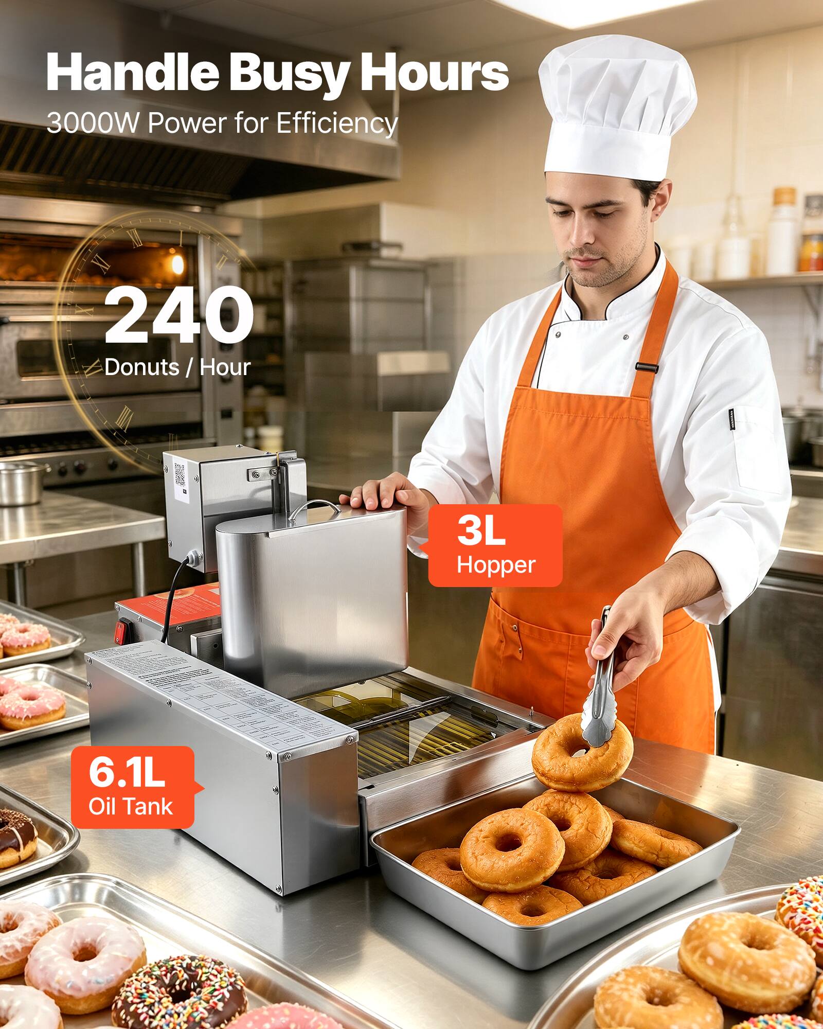Handle Busy Hours  
3000W Power for Efficiency  
240 Donuts / Hour  
3L Hopper  
6.1L Oil Tank