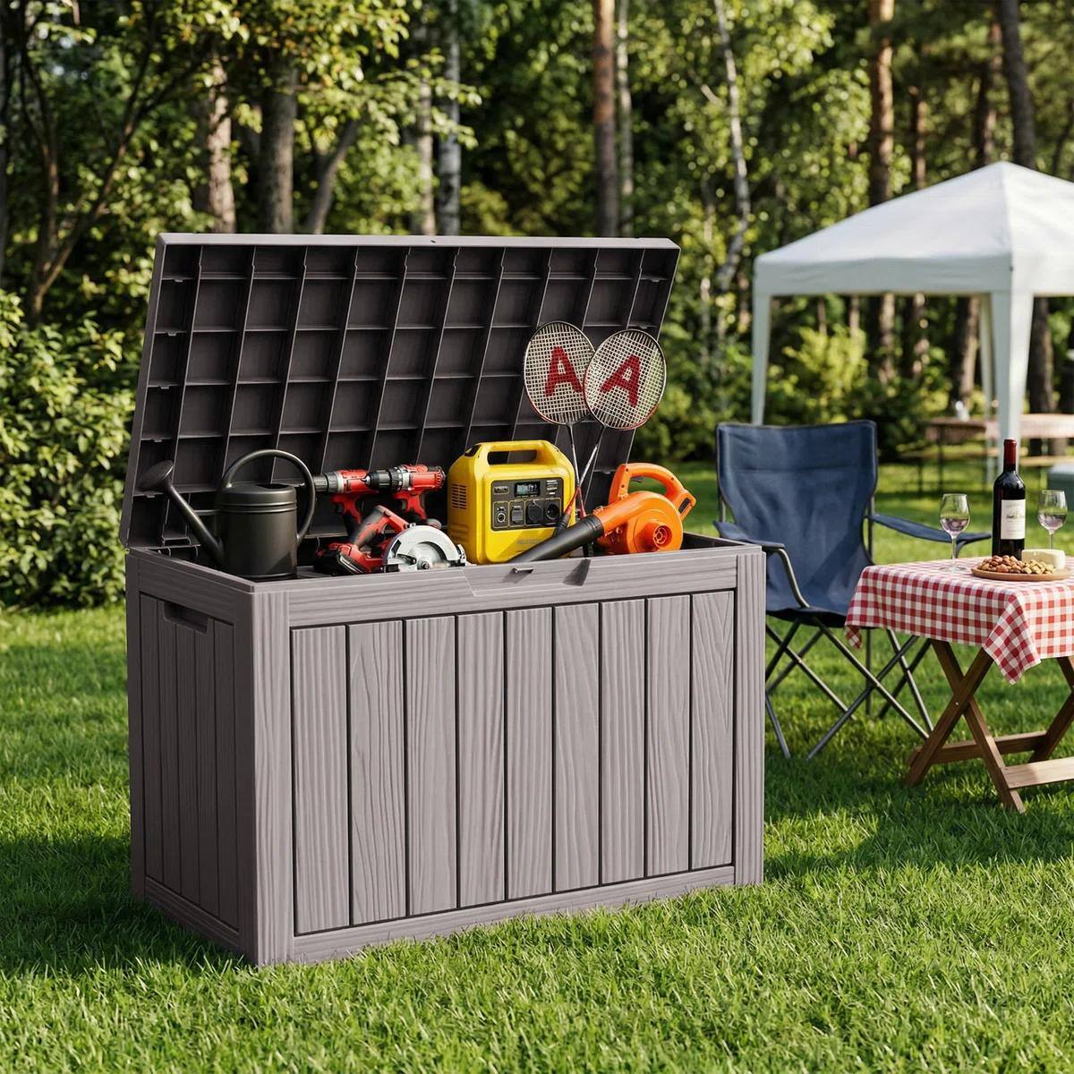 Angle. Yardgrace - 55 Gallon Water Resistant Resin Lockable Deck Box - 55 Gallon Brown.