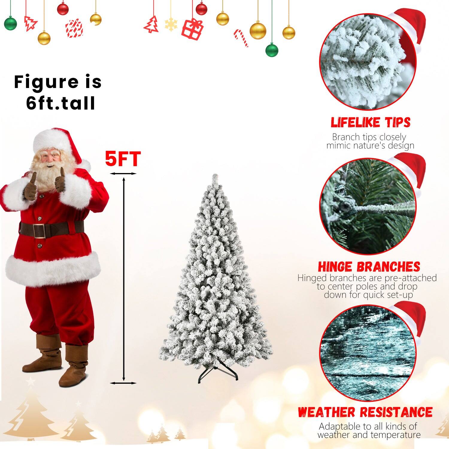 - Figure is 6ft tall
- 5FT
- LIFELIKE TIPS: Branch tips closely mimic nature's design
- HINGE BRANCHES: Hinged branches are pre-attached to center poles and drop down for quick set-up
- WEATHER RESISTANCE: Adaptable to all kinds of weather and temperature