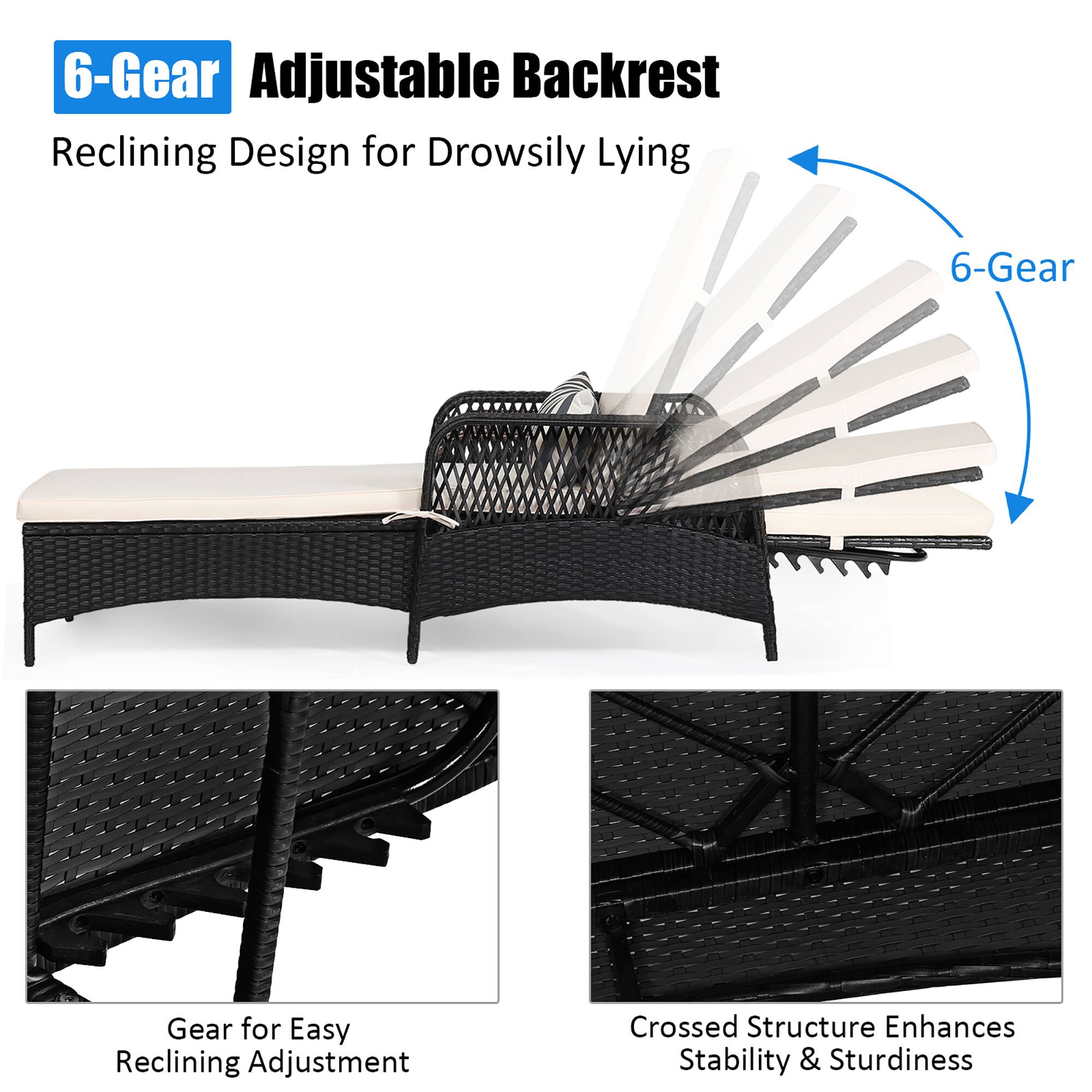 The text on the image is grouped and corrected as follows:

6-Gear Adjustable Backrest Reclining Design for Drowsily Lying
6-Gear Gear for Easy Reclining Adjustment
Crossed Structure Enhances Stability & Sturdiness