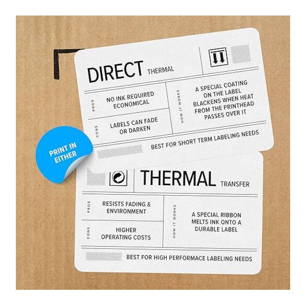**DIRECT THERMAL**

- **PROS**
  - NO INK REQUIRED
  - ECONOMICAL

- **CONS**
  - LABELS CAN FADE OR DARKEN

- **HOW IT WORKS**
  - A SPECIAL COATING ON THE LABEL BLACKENS WHEN HEAT FROM THE PRINTHEAD PASSES OVER IT

- **BEST FOR**
  - SHORT TERM LABELING NEEDS

**THERMAL TRANSFER**

- **PROS**
  - RESISTS FADING & ENVIRONMENT

- **CONS**
  - HIGHER OPERATING COSTS

- **HOW IT WORKS**
  - A SPECIAL RIBBON MELTS INK ONTO A DURABLE LABEL

- **BEST FOR**
  - HIGH PERFORMANCE LABELING NEEDS

**PRINT IN EITHER**