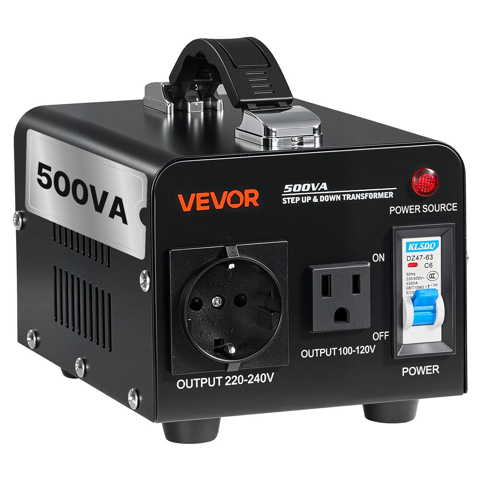 500VA VEVOR STEP UP & DOWN TRANSFORMER POWER SOURCE KLSDQ ON DZ47-63 C6 50Hz CCC 230-400V~ 4500A 26 GB/T10983. ECS 29 OFF OUTPUT 100-120V POWER OUTPUT 220-240V