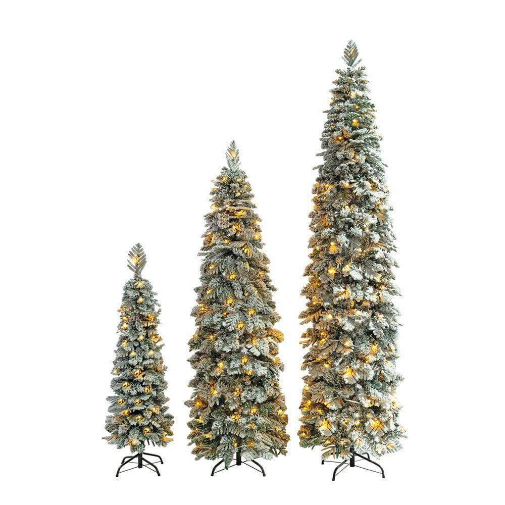 Angle. Resenkos - 3-Piece Flocked Pencil Christmas Tree Set, Pre-Lit with 290 Energy-Efficient LED Lights for Holiday Decor, White Green - Green.