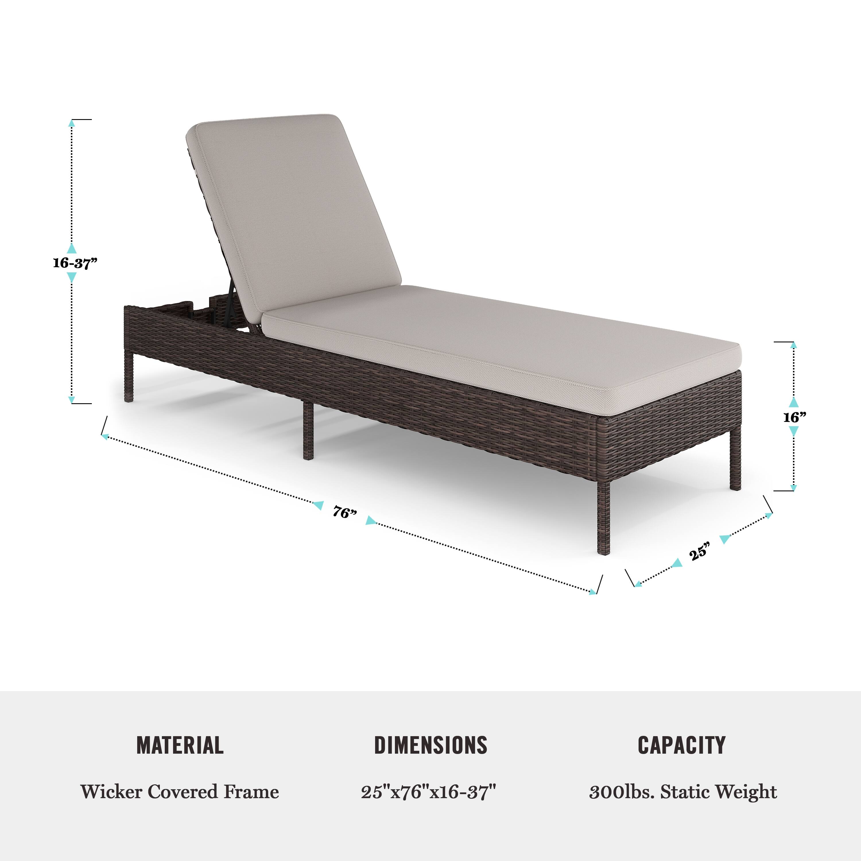 The text on the image reads:

Material: Wicker Covered Frame
Dimensions: 25" x 76" x 16-37"
Capacity: 25' x 76" 300lbs. Static Weight