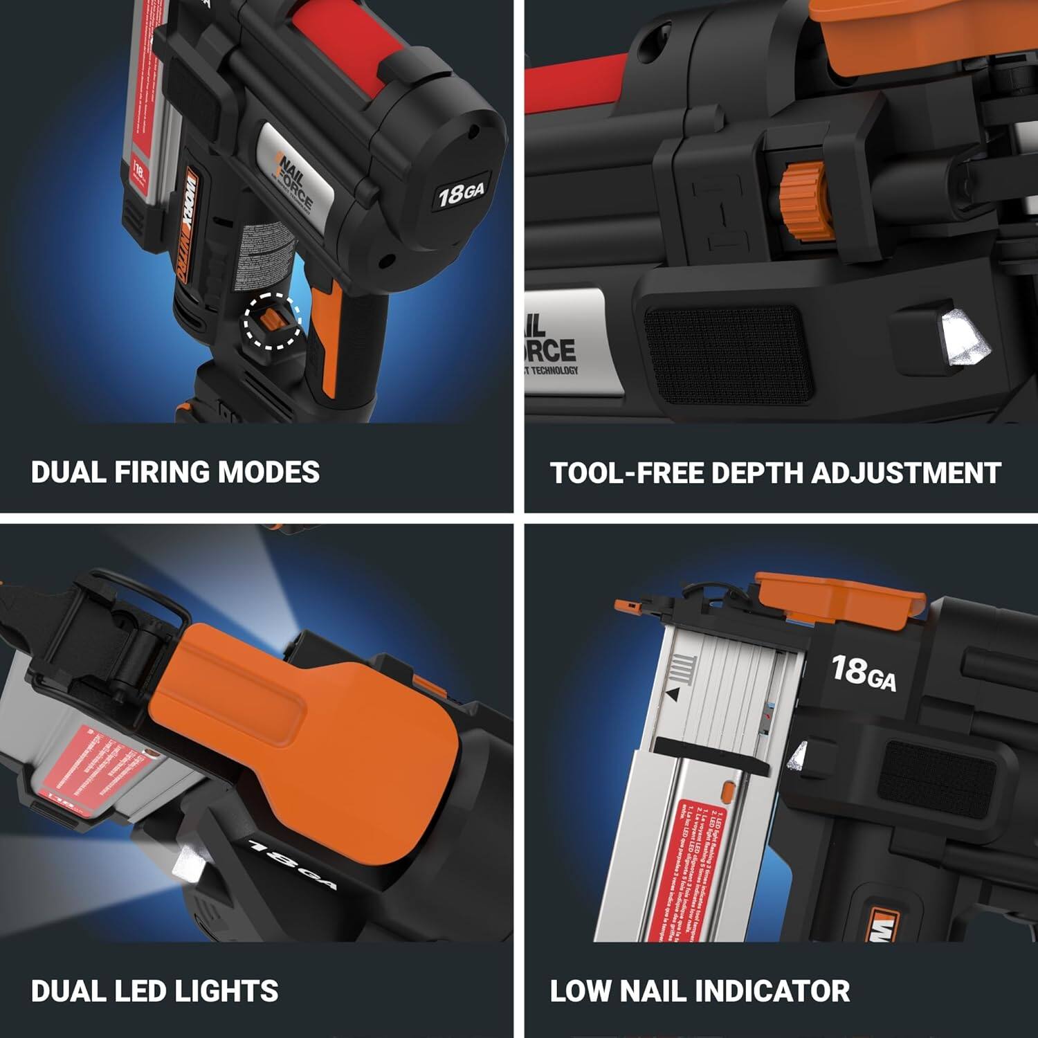 The image features a nail gun with four different modes, including dual firing modes, tool-free depth adjustment, dual LED lights, and a low nail indicator. The nail gun is designed for easy use and is suitable for various types of nails. The image showcases the different features of the nail gun, making it a versatile and convenient tool for various nailing tasks.
