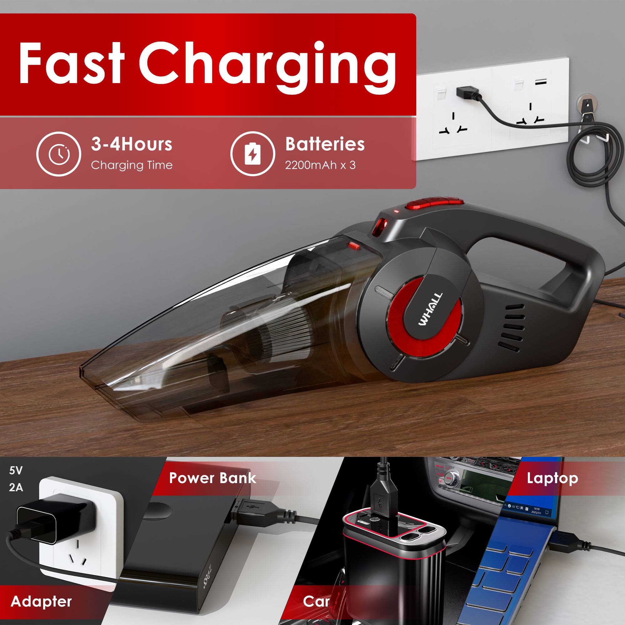 Fast Charging  
3-4 Hours Charging Time  
Batteries 2200mAh x 3  

5V 2A Adapter  
Power Bank  
Car  
Laptop