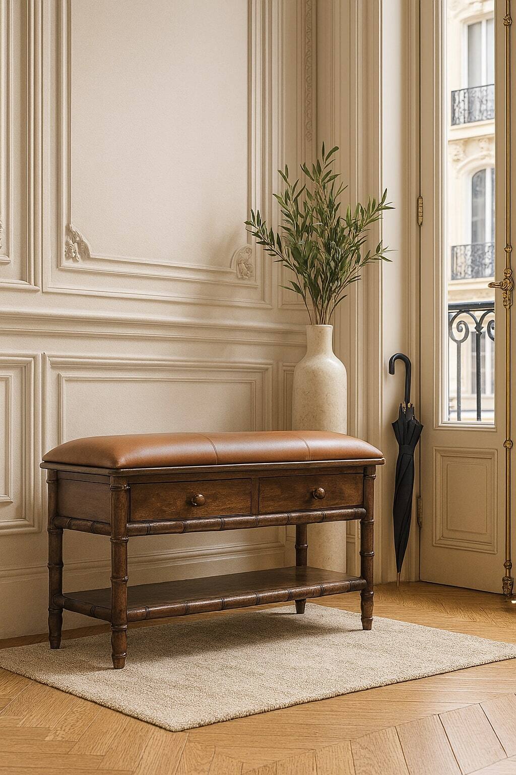 Alt View 6. Artisan Furniture - Artisan Furniture Solid Wood Bamboo Carved Storage Bench, 2 Drawers - Brown.