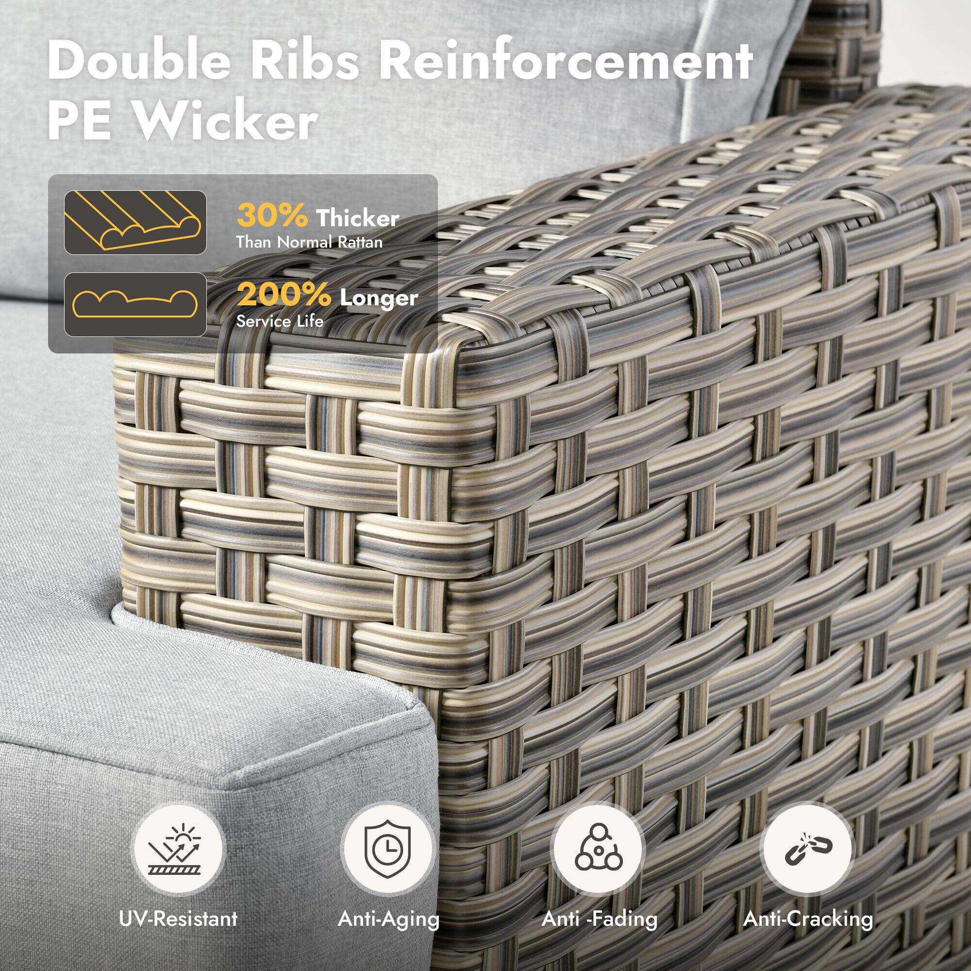 Double Ribs Reinforcement PE Wicker

- 30% Thicker Than Normal Rattan
- 200% Longer Service Life

Features:
- UV-Resistant
- Anti-Aging
- Anti-Fading
- Anti-Cracking