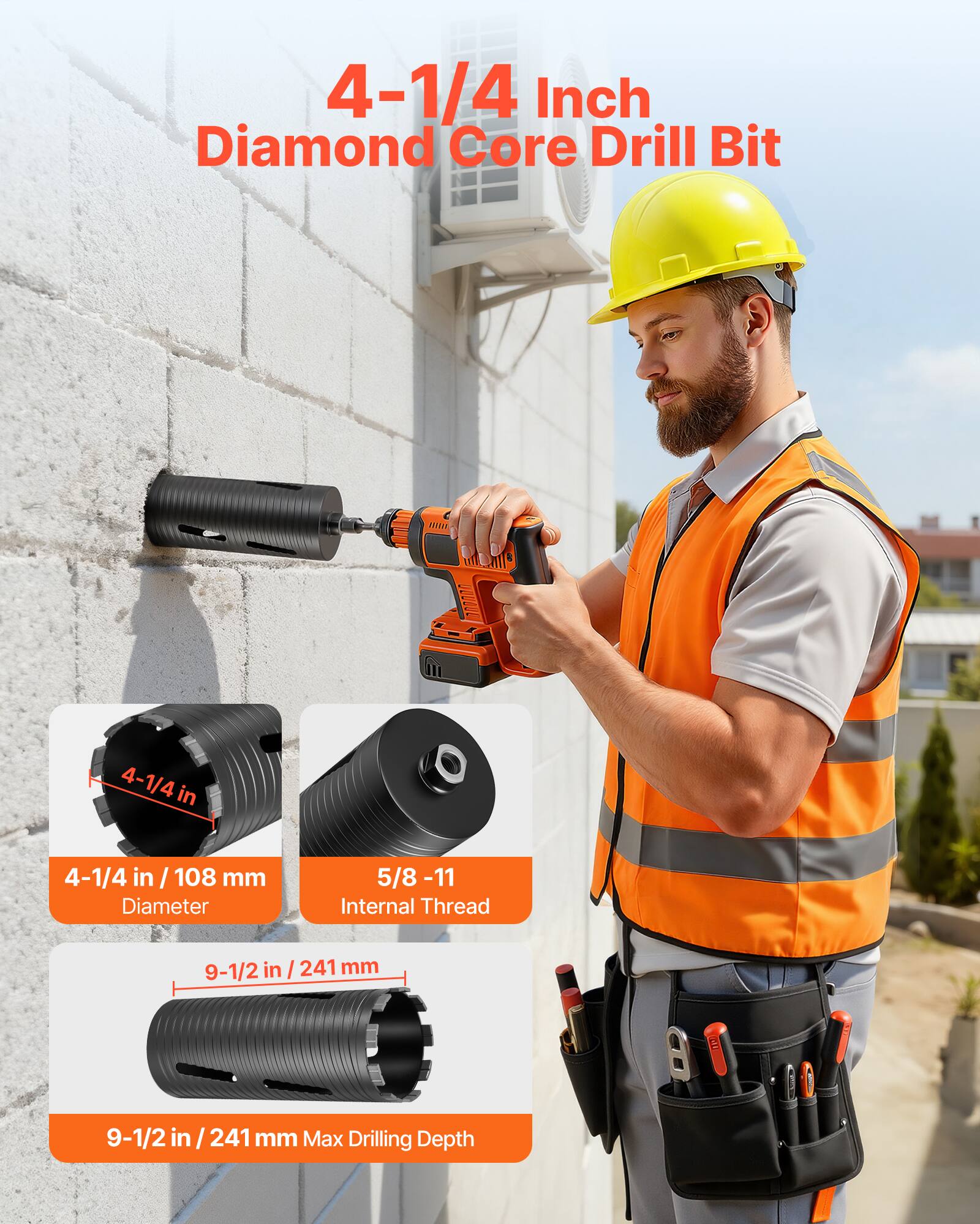 4-1/4 Inch Diamond Core Drill Bit

- 4-1/4 in / 108 mm Diameter
- 5/8 -11 Internal Thread
- 9-1/2 in / 241 mm Max Drilling Depth