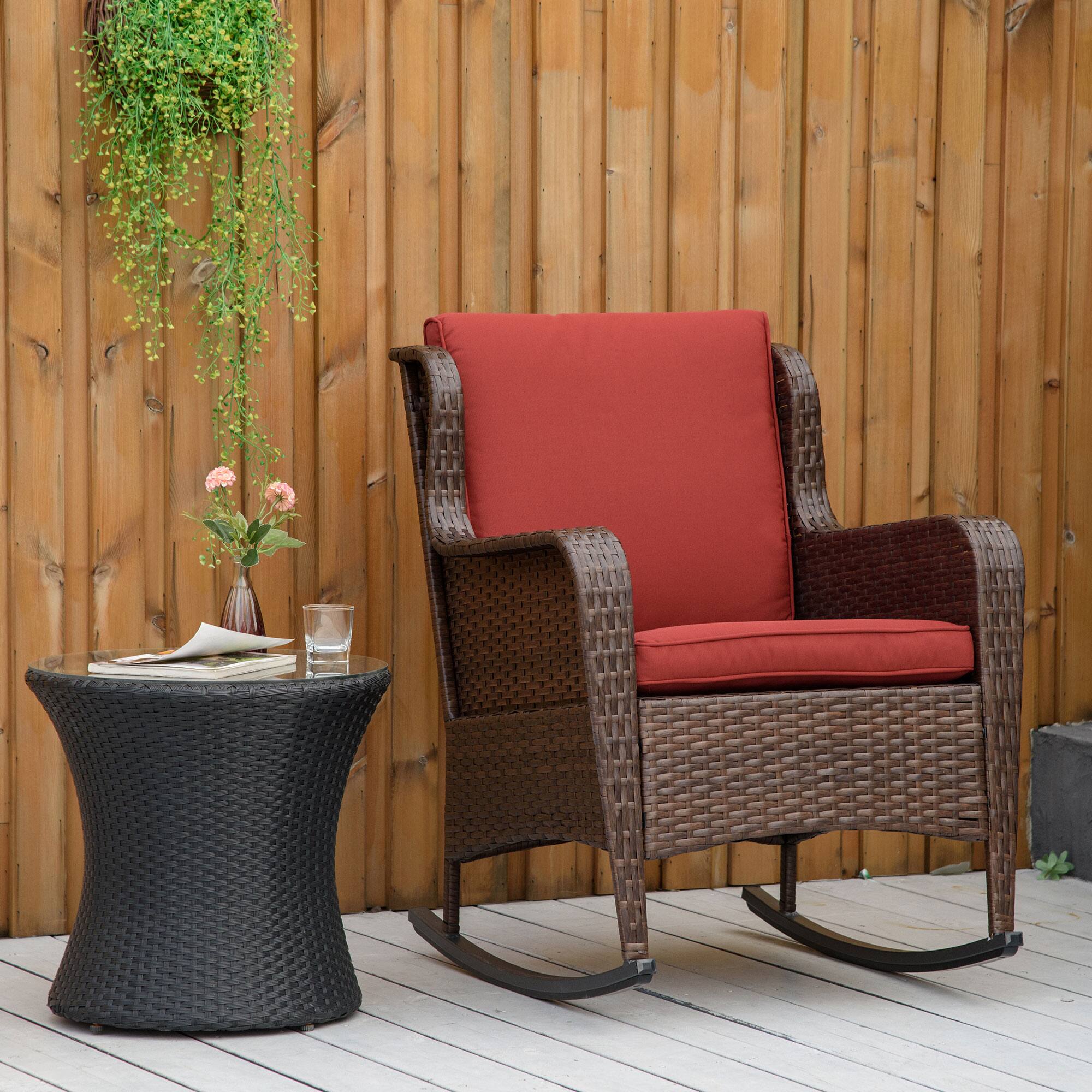 Alt View 1. Outsunny - Outdoor Wicker Rocking Chair with Wide Seat, Thick Cushions, Rattan Rocker with Steel Frame, High Weight Capacity - Wine Red.