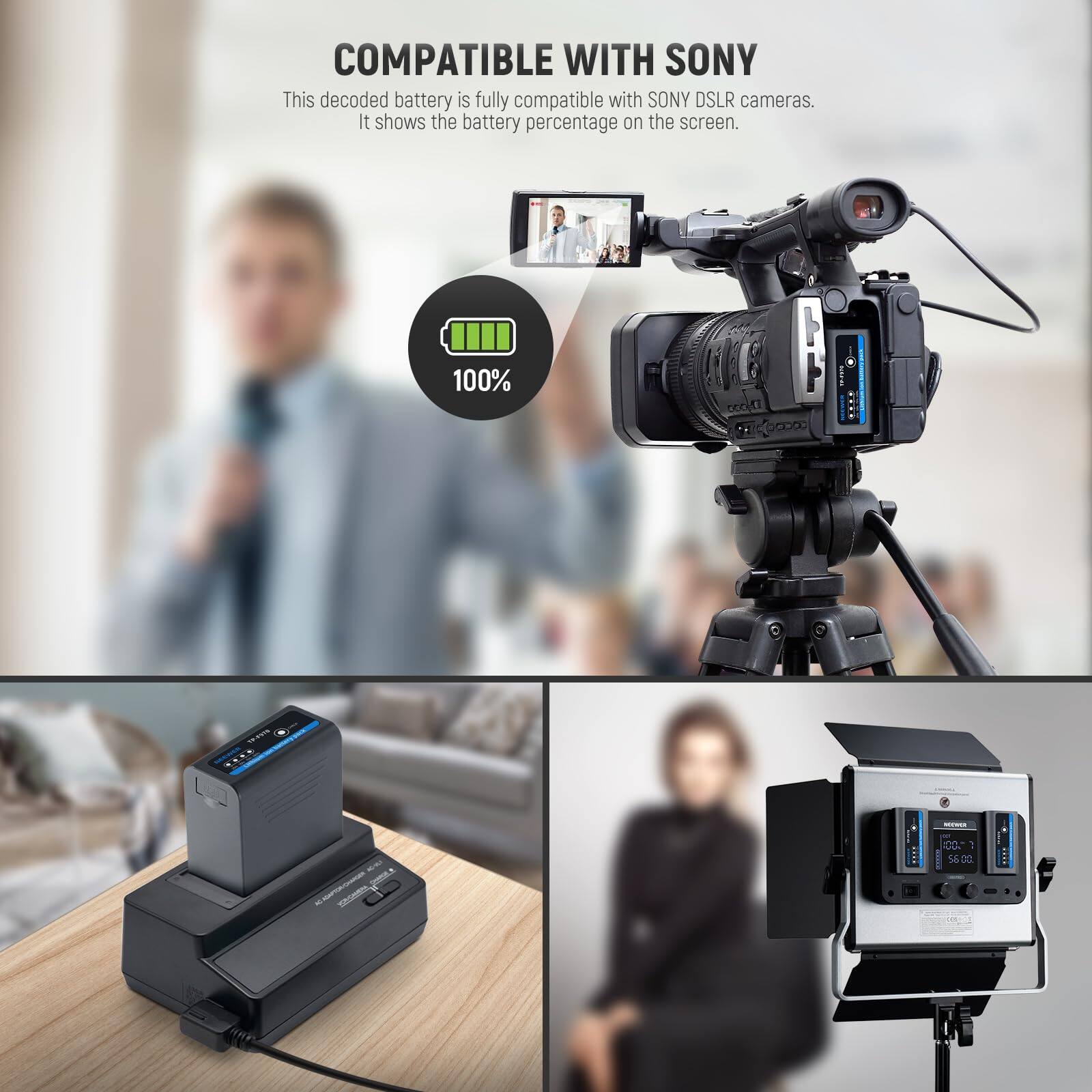 COMPATIBLE WITH SONY

This decoded battery is fully compatible with SONY DSLR cameras. It shows the battery percentage on the screen.

100%