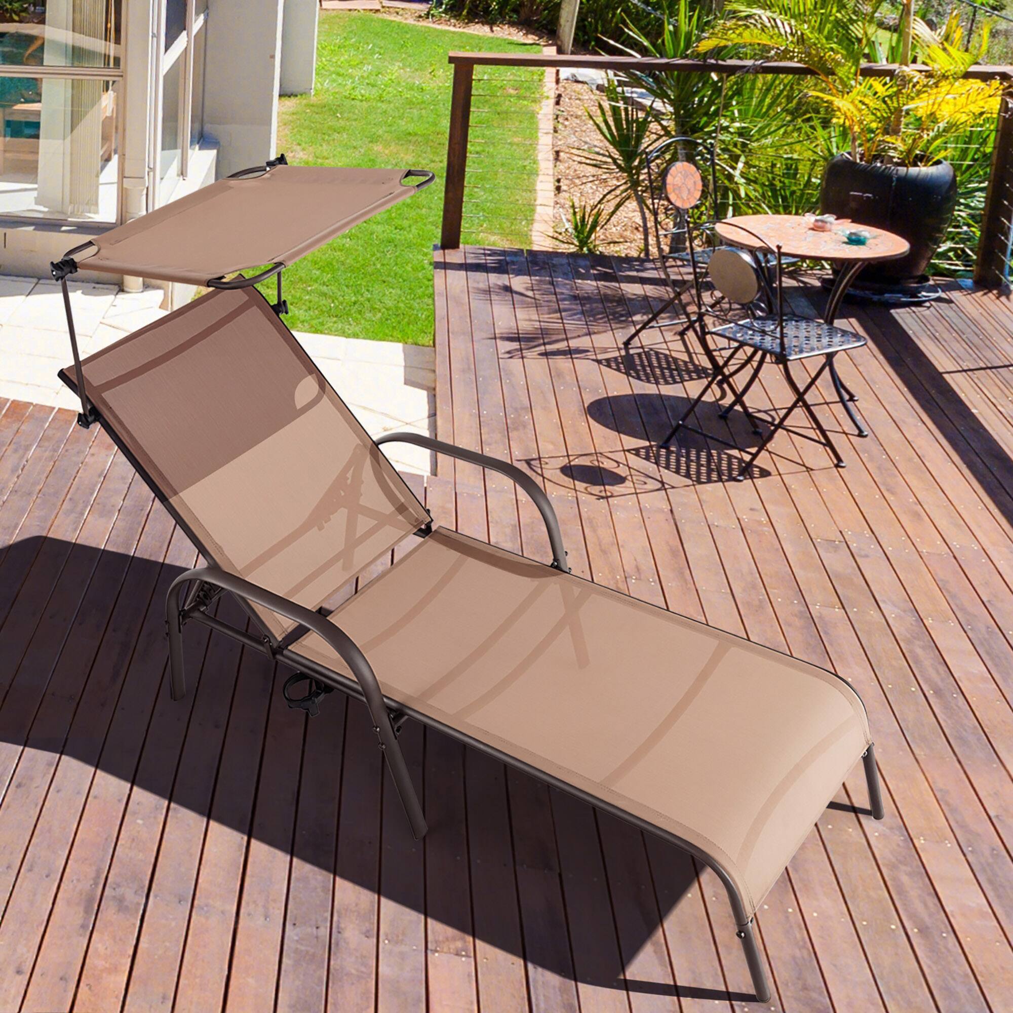 Alt View 1. Costway - Costway Patio Heavy-Duty Chaise Lounge 5-Level Adjustable Outdoor Recliner Canopy Cup - Brown.
