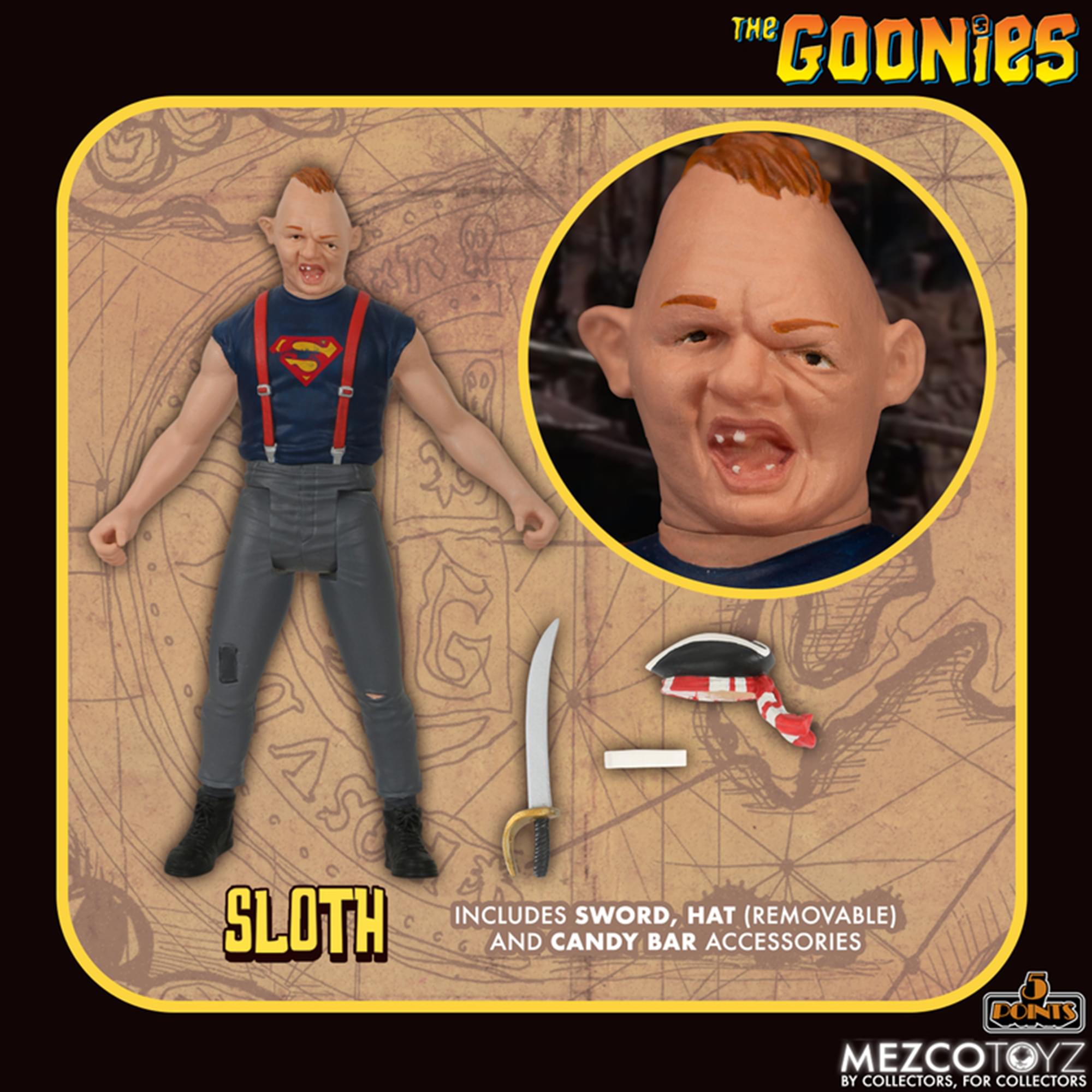 The 3 Goonies' Sloth includes a sword, hat (removable), and candy bar accessories. Don't miss out on this Mezco Toyz collector's item, for collectors, by collectors.