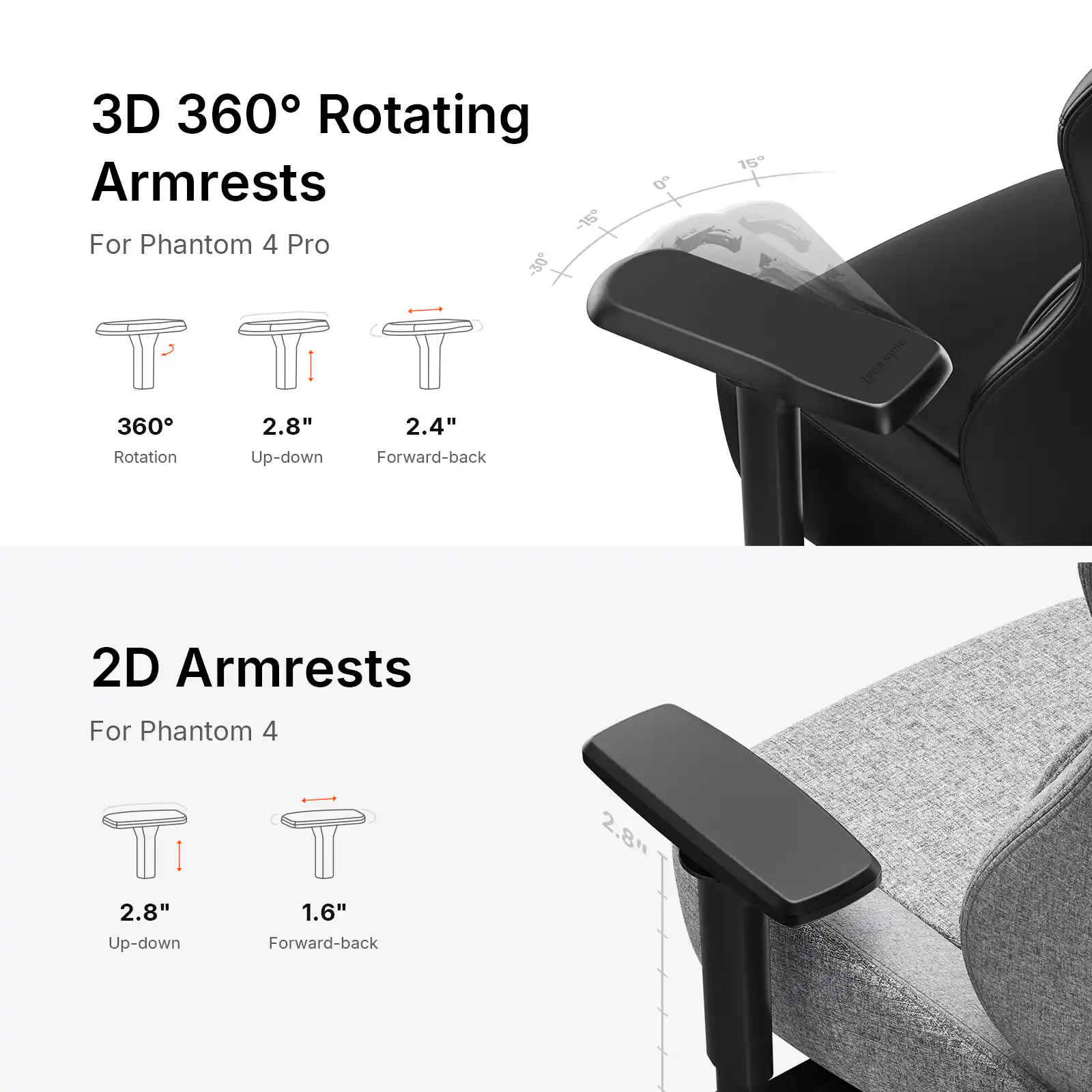3D 360° Rotating Armrests -15 For Phantom 4 Pro -30

0
15
360 Rotation
2.8" Up-down
2.4" Forward-back

2D Armrests
For Phantom 4
2.8" Up-down
1.6" Forward-back