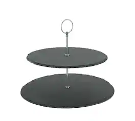 Audrey's - Two Tier Round Slate Stone and Chromed Metal Country Farmhouse Serving Tray - Gray