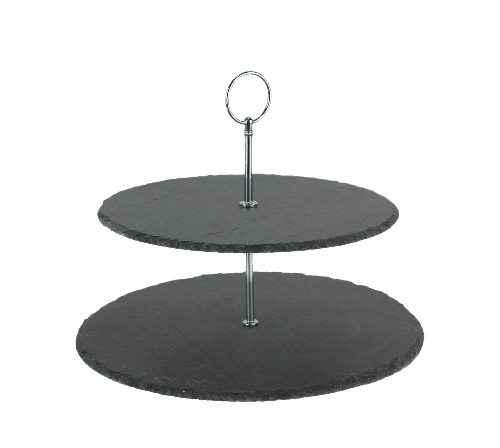 Front. Audrey's - Two Tier Round Slate Stone and Chromed Metal Country Farmhouse Serving Tray - Grey.